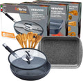DaTerra Cucina Nonstick Italian Bundle – Roasting & Lasagna Pan, 11' Frying Pan with Lid, 5-Piece Olive Wood Cooking Utensils Set – Oven Safe, PTFE & PFOA Free - Made in Italy, Ceramic