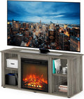 Furinno Jensen Fireplace Entertainment Center TV Stand with Open Storage for TV up to 55 Inch, French Oak Grey