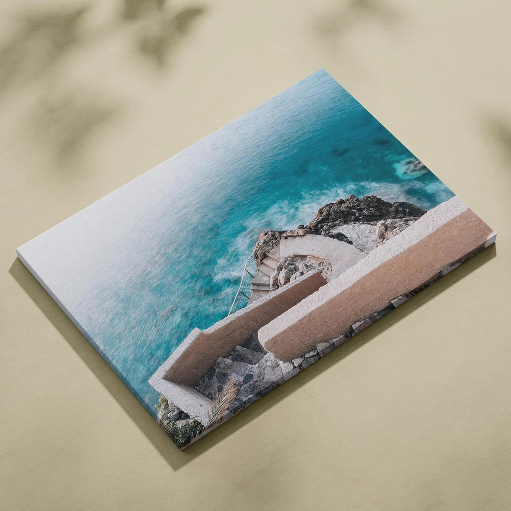Throttle Designs. Elegant Coastal Architecture Canvas Wall Art Turquoise Calm Staircase Over Ocean Rocks-30? x 20? (Horizontal) / 1.5' - Bedroom, Living Room, Office Decor - Ready to Hang