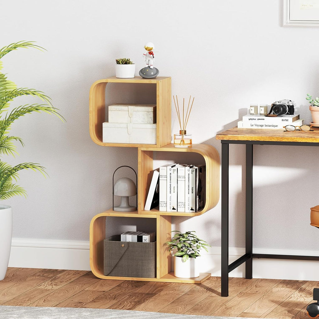 Giantex 3-Tier Bamboo Bookshelf Set of 2, S-Shaped Bookcase with 3 Open Cubes, Geometric Corner Display Shelf, Decorative Storage Organizer, Floor Storage Rack for Living Room, Home Office, Natural