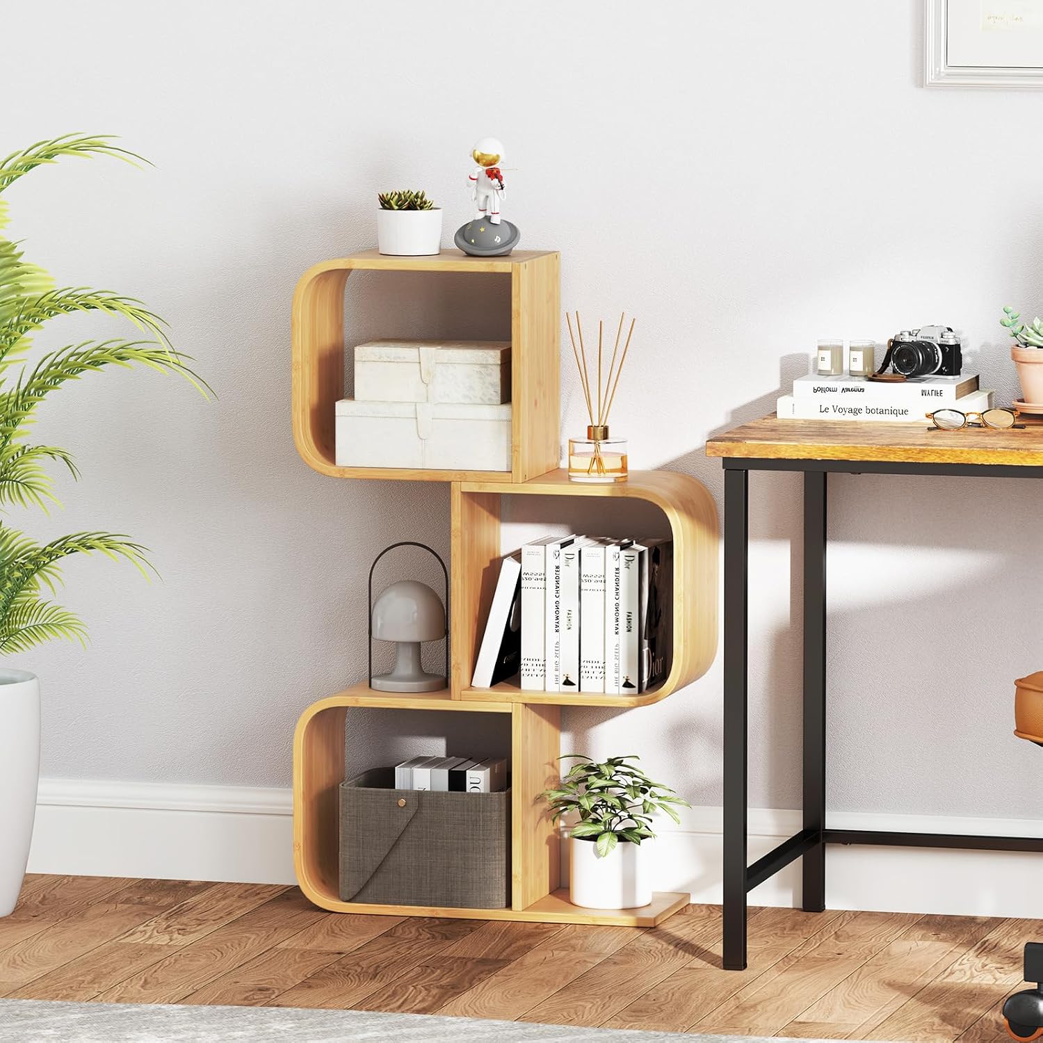 Giantex 3-Tier Bamboo Bookshelf Set of 2, S-Shaped Bookcase with 3 Open Cubes, Geometric Corner Display Shelf, Decorative Storage Organizer, Floor Storage Rack for Living Room, Home Office, Natural