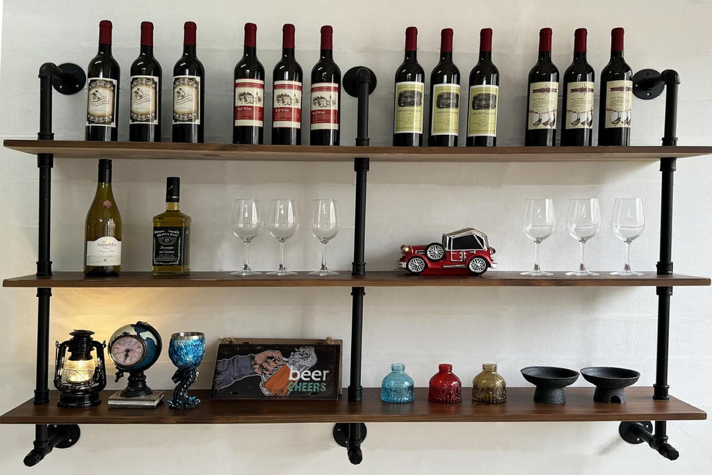 Industrial Pipe Wall Shelves Pipe Shelving,Natural Wood 60 Inches Long Walnut Floating Shelves for Wall Farmhouse Pipe Book Shelves for Kitchen,Living Room, Bar Shelving