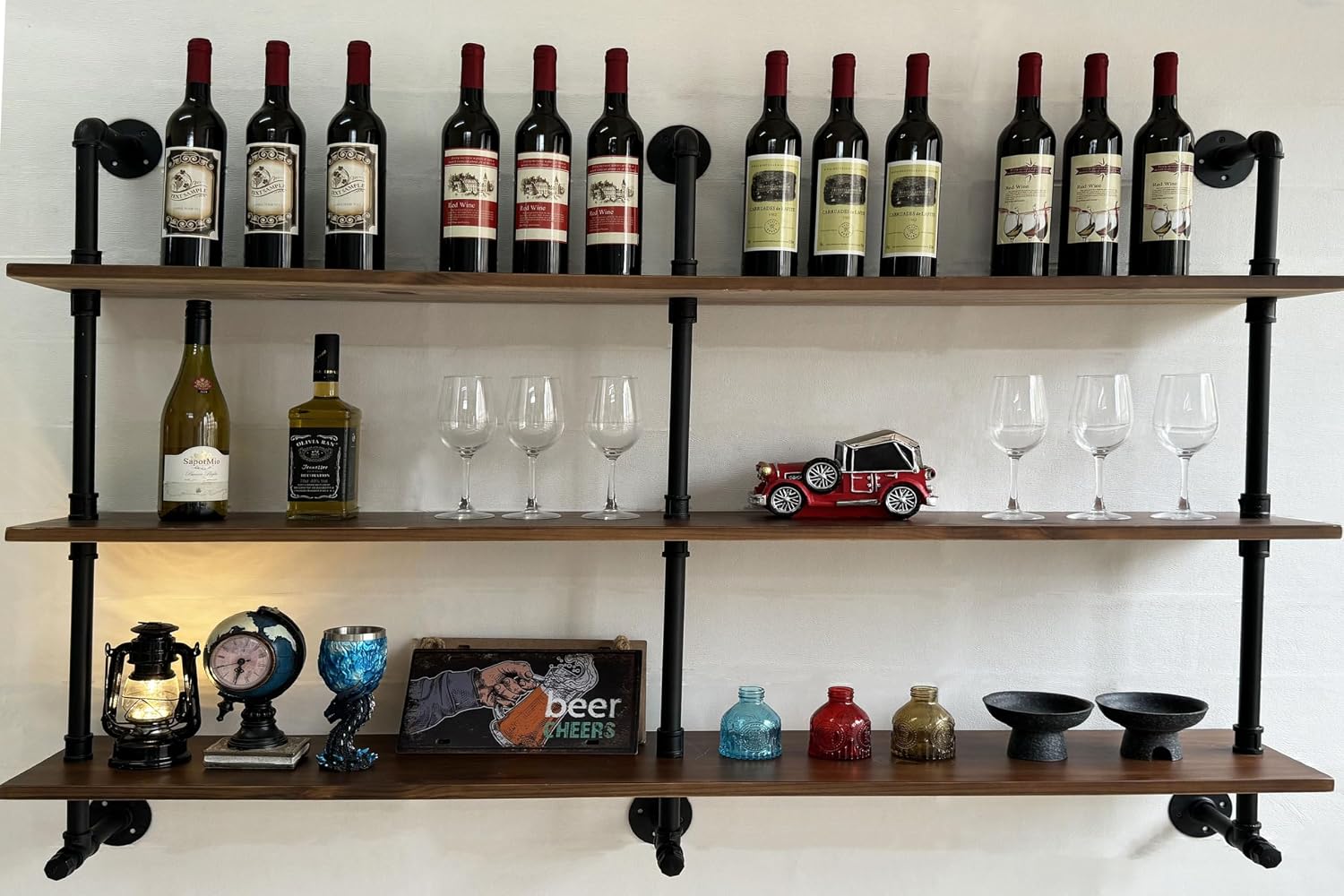 Industrial Pipe Wall Shelves Pipe Shelving,Natural Wood 60 Inches Long Walnut Floating Shelves for Wall Farmhouse Pipe Book Shelves for Kitchen,Living Room, Bar Shelving