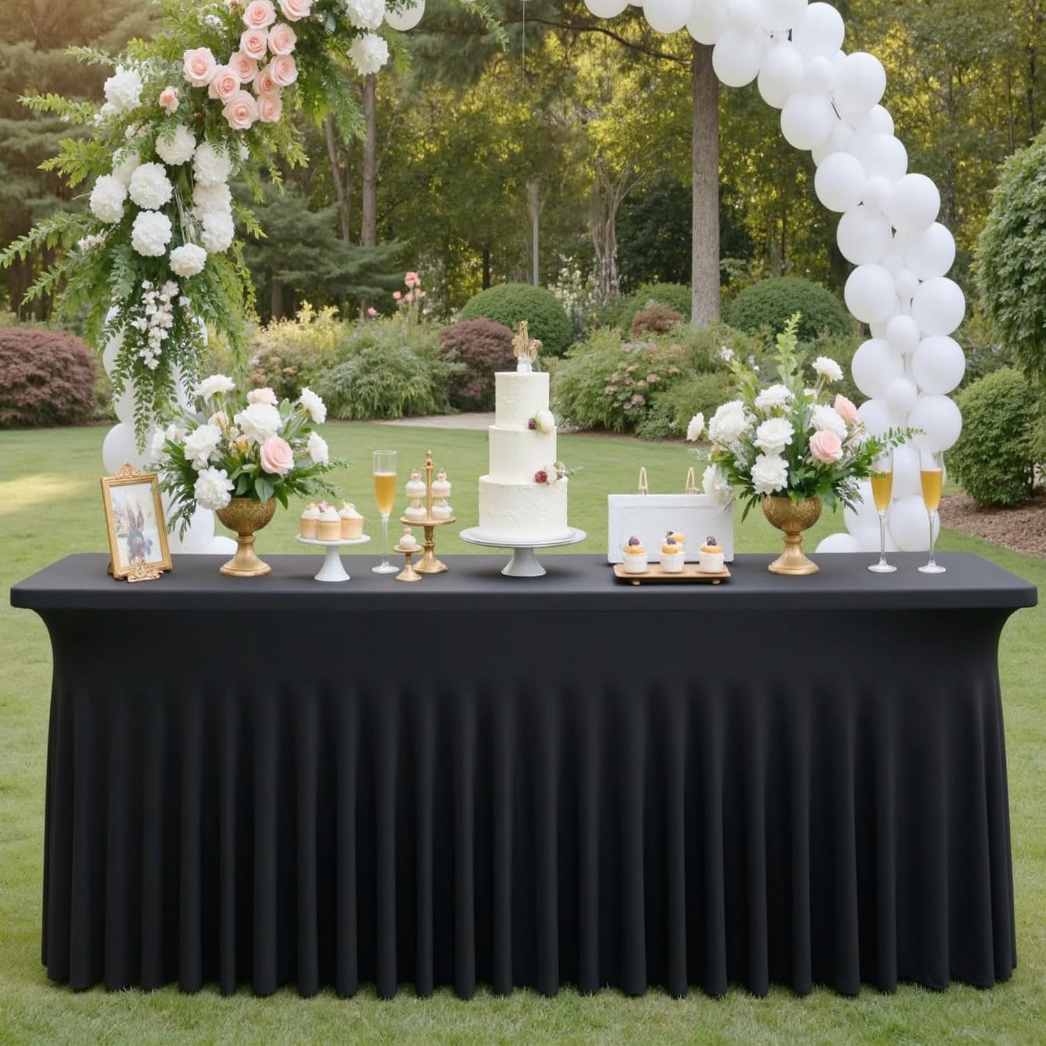8 pk Black Spandex Tablecloth 8ft with Ruffled Skirt,Wrinkle Free High Stretch Fitted Tablecloths for 8 Foot Rectangle Tables,Pleated Elastic Spandex Table Covers 6ft for Parties Wedding Banquet