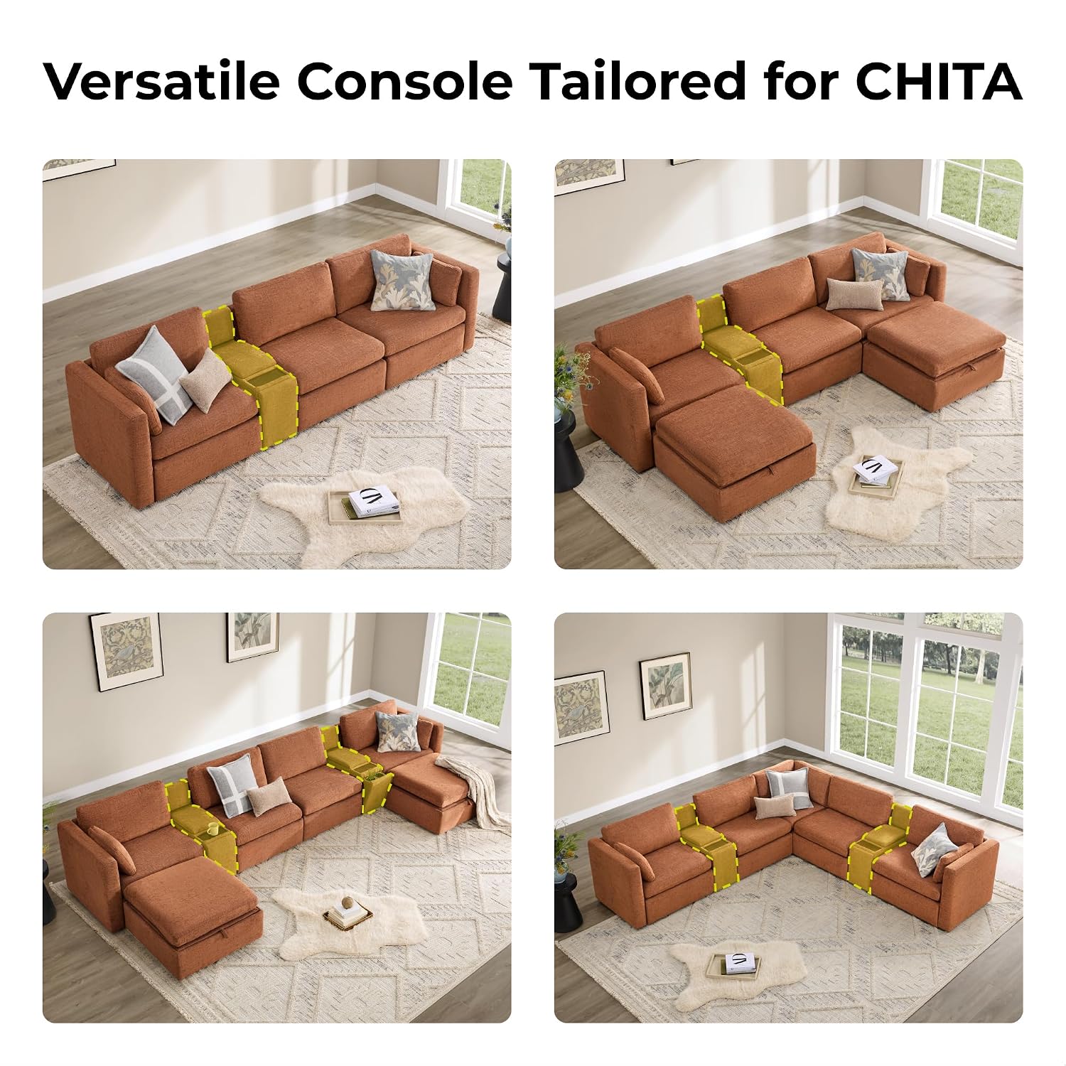 CHITA Versatile Storage Console for Modular Sofa, Multifunctional Side Table with Dual Cup Holders, Table, No Need Assembly, Terracotta