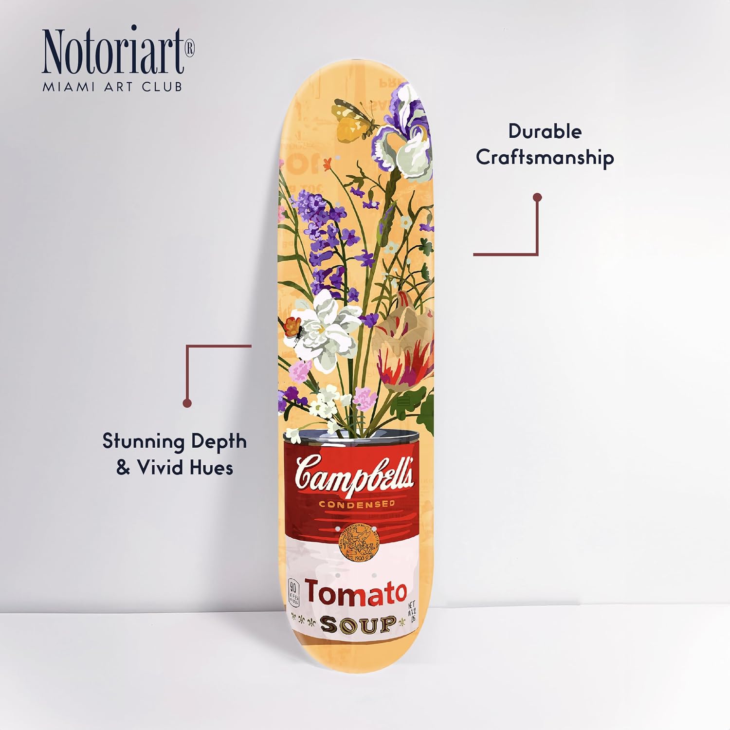 Trendy Pop Acrylic Wall Art Die-Cut Easy-to-Hang, 1 Panel 8' x 32', Floral Soup Can Skateboard