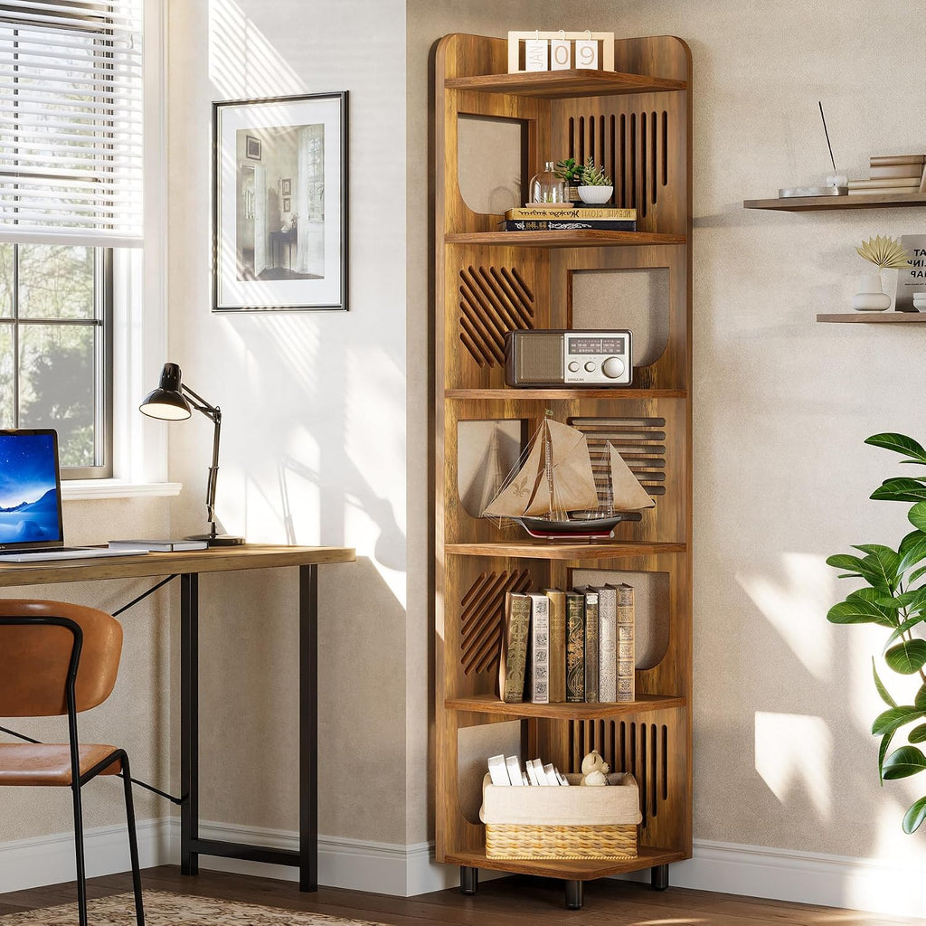 Tribesigns 6-Tier Corner Bookshelf, Tall Narrow Corner Shelf Bookcase with Hollow Design, Farmhouse Skinny Display Shelf for Living Room, Bedroom, Small Space, Yellow