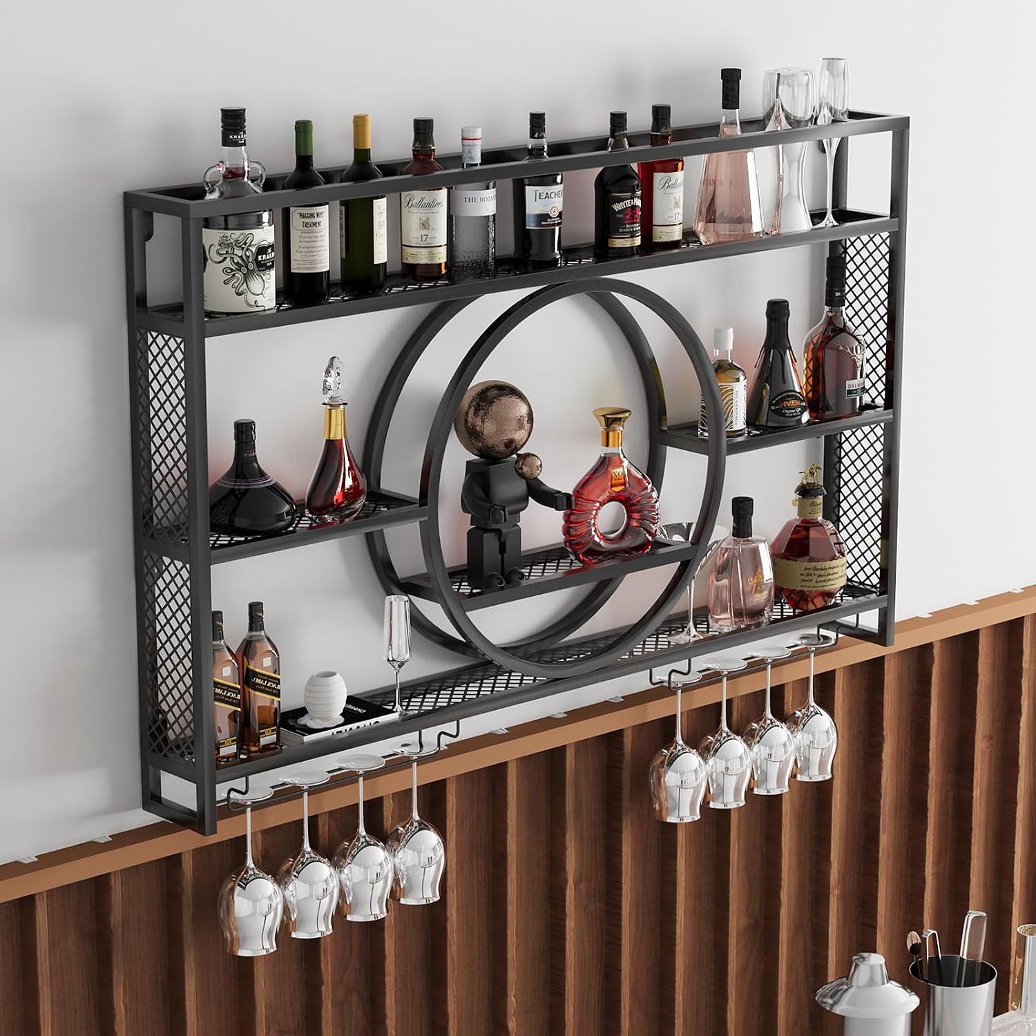 Wine Rack Wall Mounted 3 Tier Metal Floating Shelves With LED Light, Hanging Floating Bar Liquor Bottles, For Home Bars Kitchen (Black, 100x80x15cm)