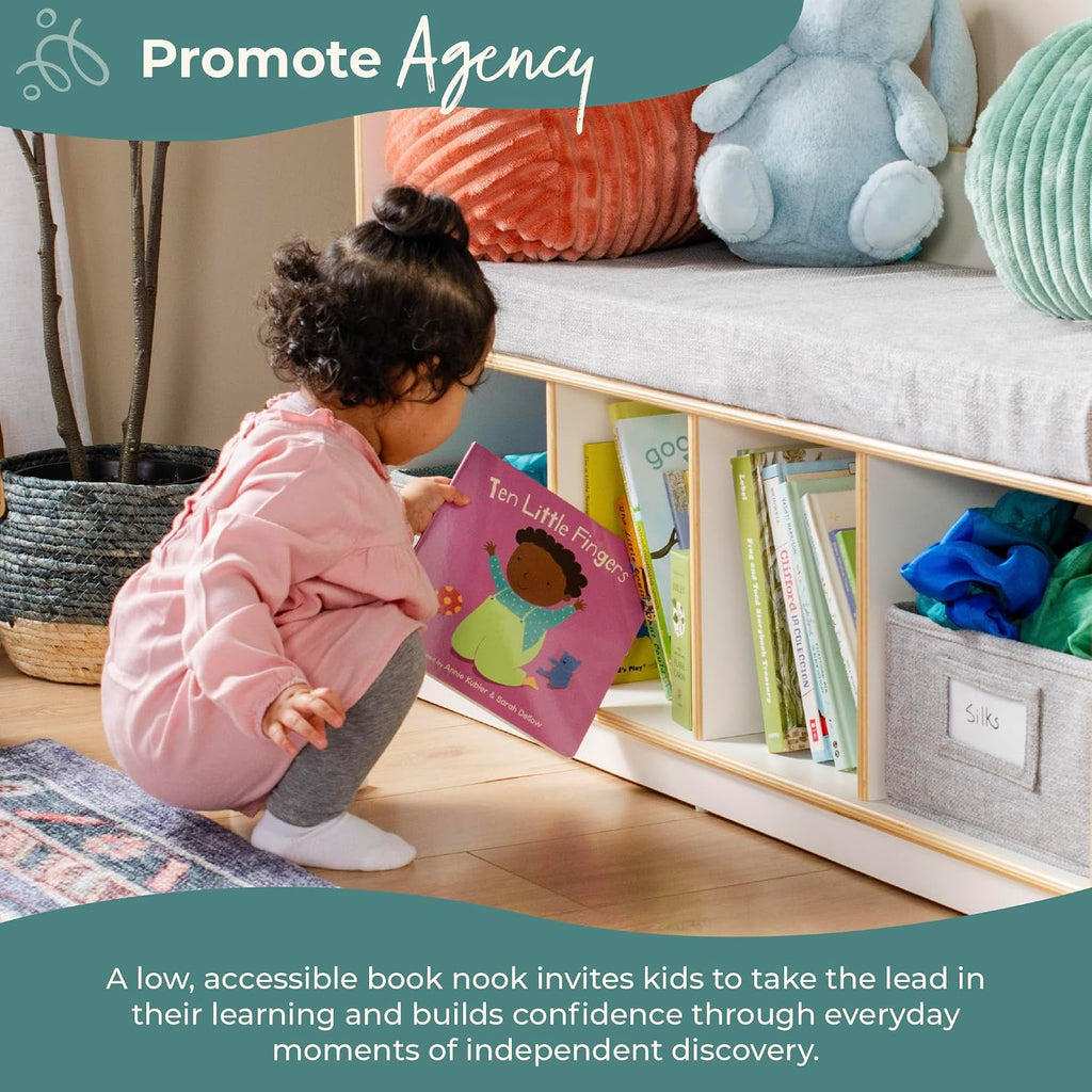 Guidecraft EdQ Kids' Reading Nook - White: Wooden Reading Bench Bookshelf Organizer with Storage Cubbies and Bins for Books | Classroom and Playroom Furniture