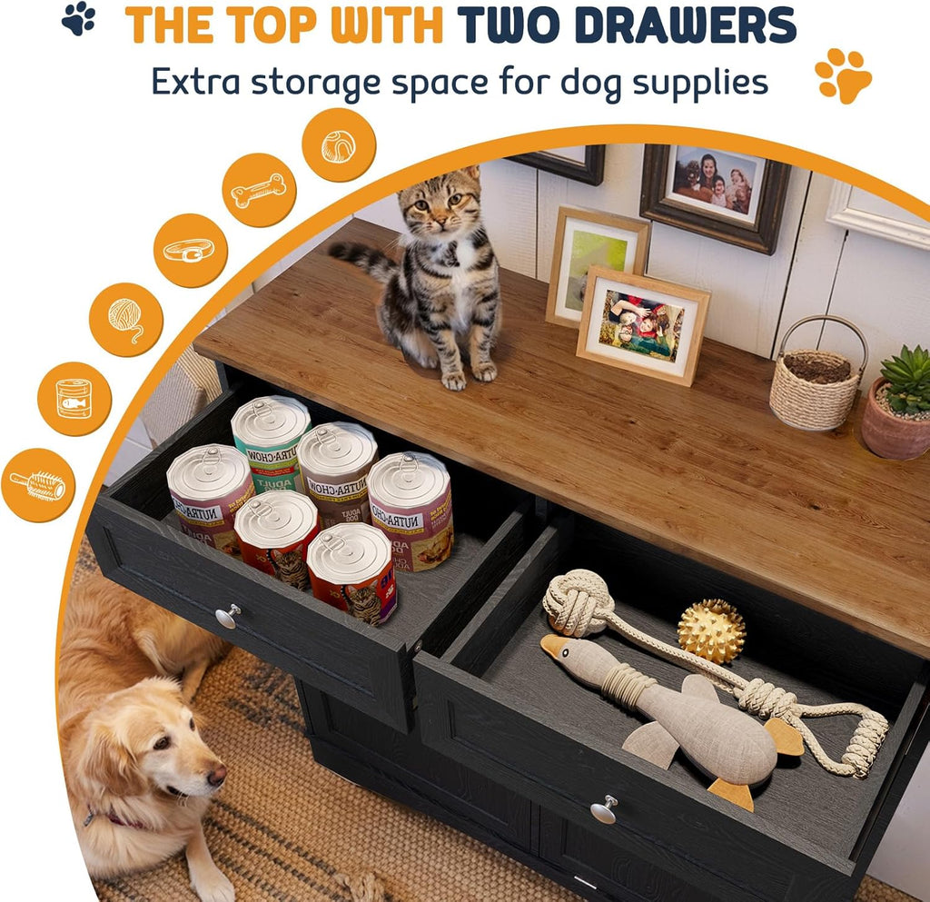 Double Door Dog Feeding Station with Storage, 10 Gallons Tilt Out Trash Can Cabinet, Dog Food Cabinet with 4 pcs Dog Bowl for Kitchen/Living Room (Black, Double Door)