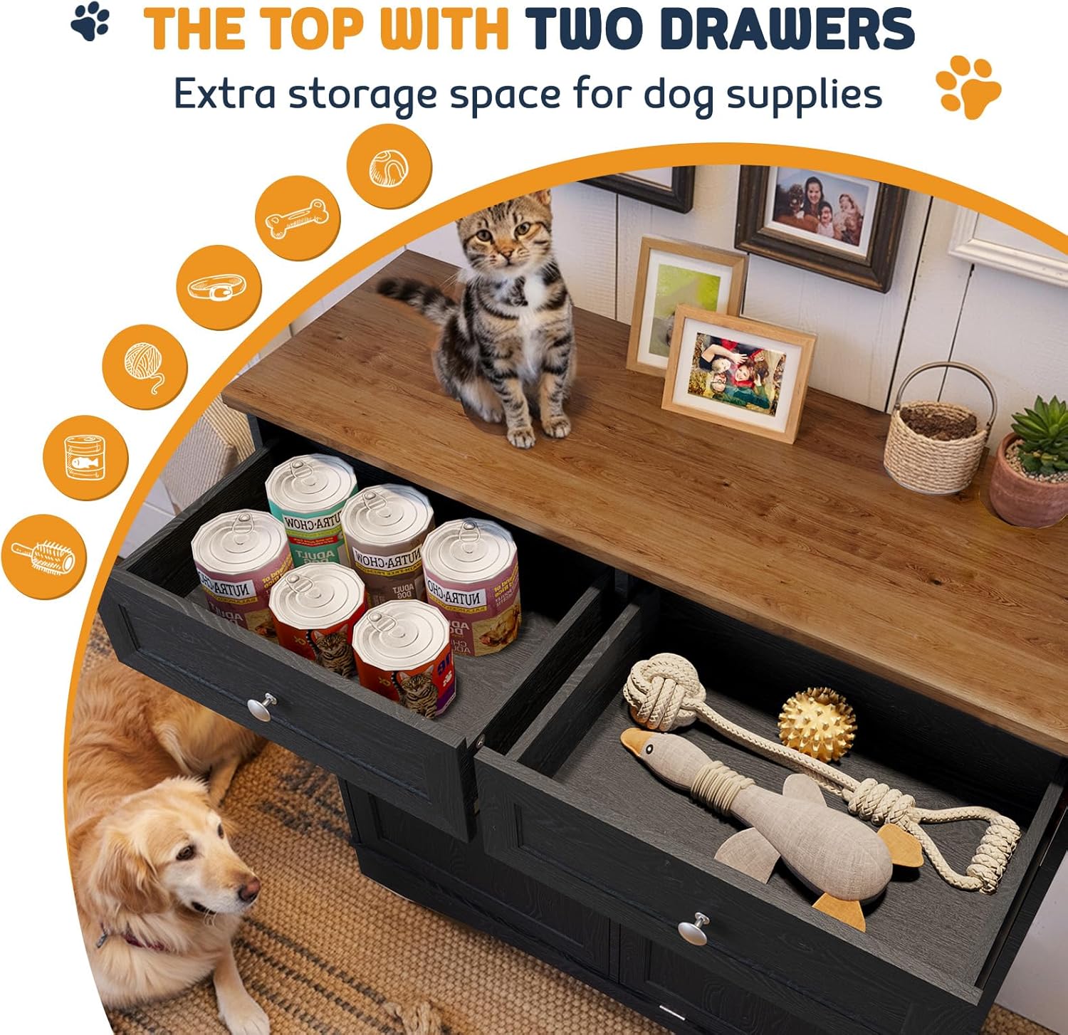Double Door Dog Feeding Station with Storage, 10 Gallons Tilt Out Trash Can Cabinet, Dog Food Cabinet with 4 pcs Dog Bowl for Kitchen/Living Room (Black, Double Door)