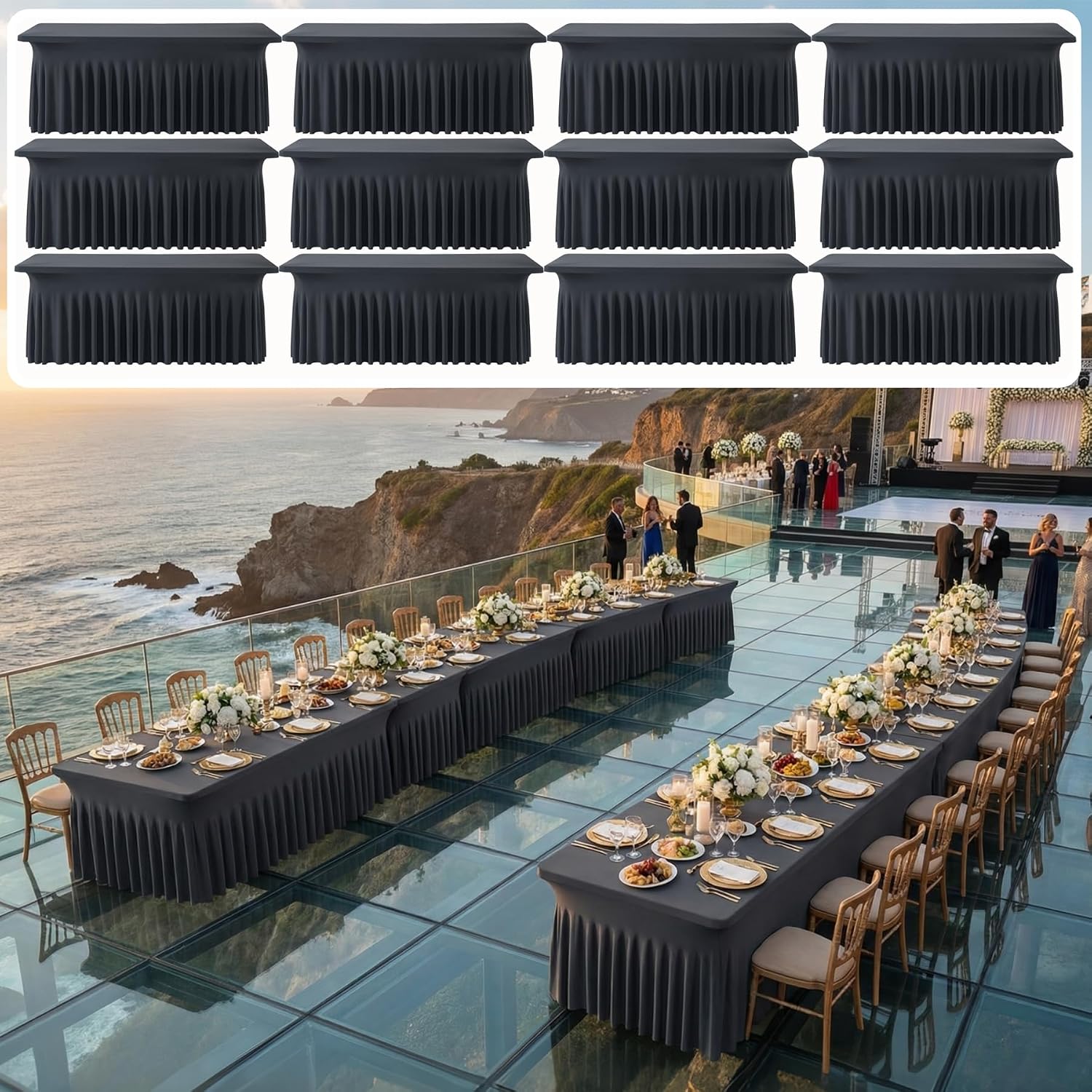 12 pk Black Spandex Tablecloth 8ft with Ruffled Skirt,Wrinkle Free High Stretch Fitted Tablecloths for 8 Foot Rectangle Tables,Pleated Elastic Spandex Table Covers 8ft for Parties Wedding Banquet