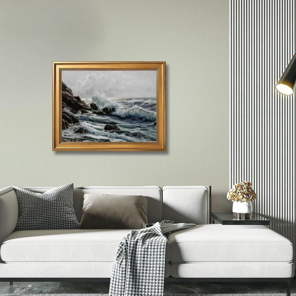 Moody Wave-Crashed Rocks Wall Art Vintage Minimalist Stormy Seascape Canvas Print Impressionist Classic Nautical Poster for Bedroom Living Room Maritime Artwork Home Wall DecorGolden frame24X36inch