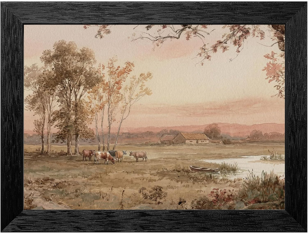 Framed Pastoral Landscape Wall Art, Black Frame Textured Finish, 19th-Century Style Watercolor Meadow at Dusk with Grazing Cattle and Elm Trees, Serene Countryside Home Decor - 24x36 Inch