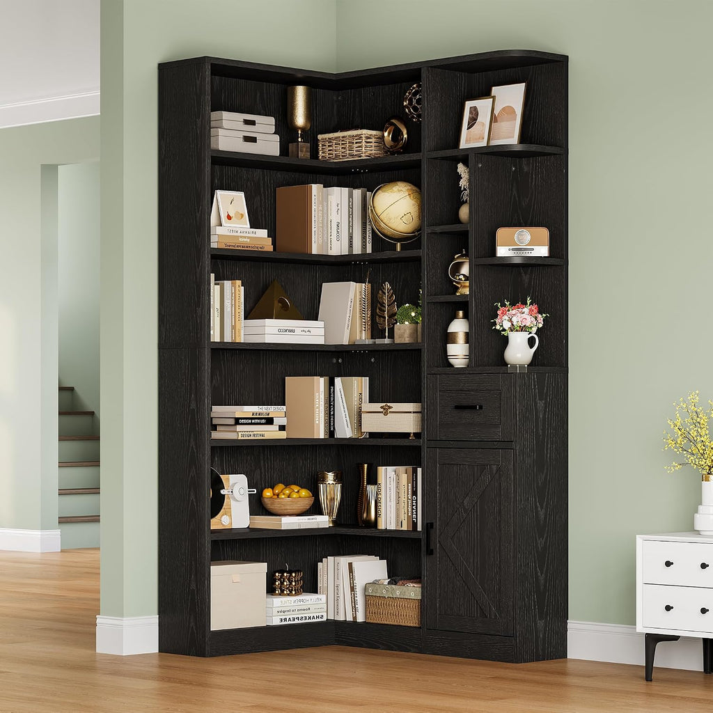 Garvee 74'' Tall Corner Bookshelf - 6-Tier Book Shelf with Drawer and Cabinets, l-Shaped Bookcase Open Storage Shelves Modern Display Shelf for Home, Office
