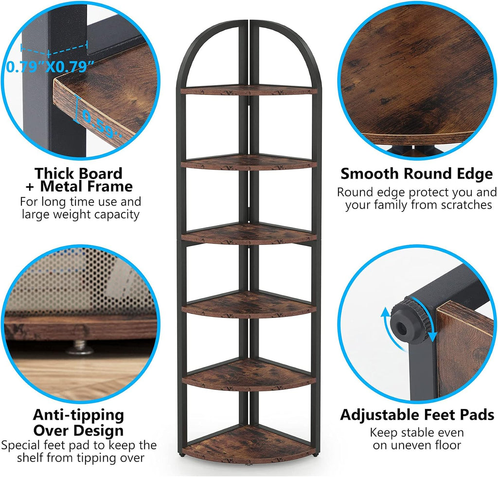 LITTLE TREE 6-Tier Corner Shelf Stand, Freestanding Corner Bookshelf with Adjustable Feet, Rustic Brown Storage Rack for Living Room, Kitchen, Bedroom, Office