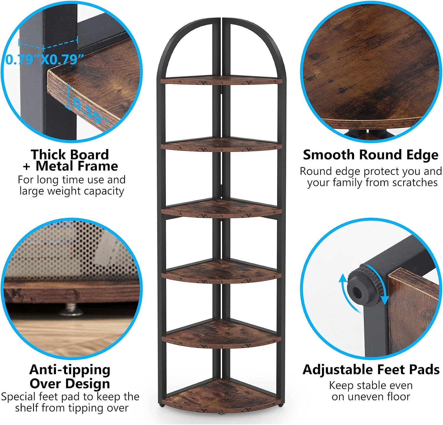 LITTLE TREE 6-Tier Corner Shelf Stand, Freestanding Corner Bookshelf with Adjustable Feet, Rustic Brown Storage Rack for Living Room, Kitchen, Bedroom, Office