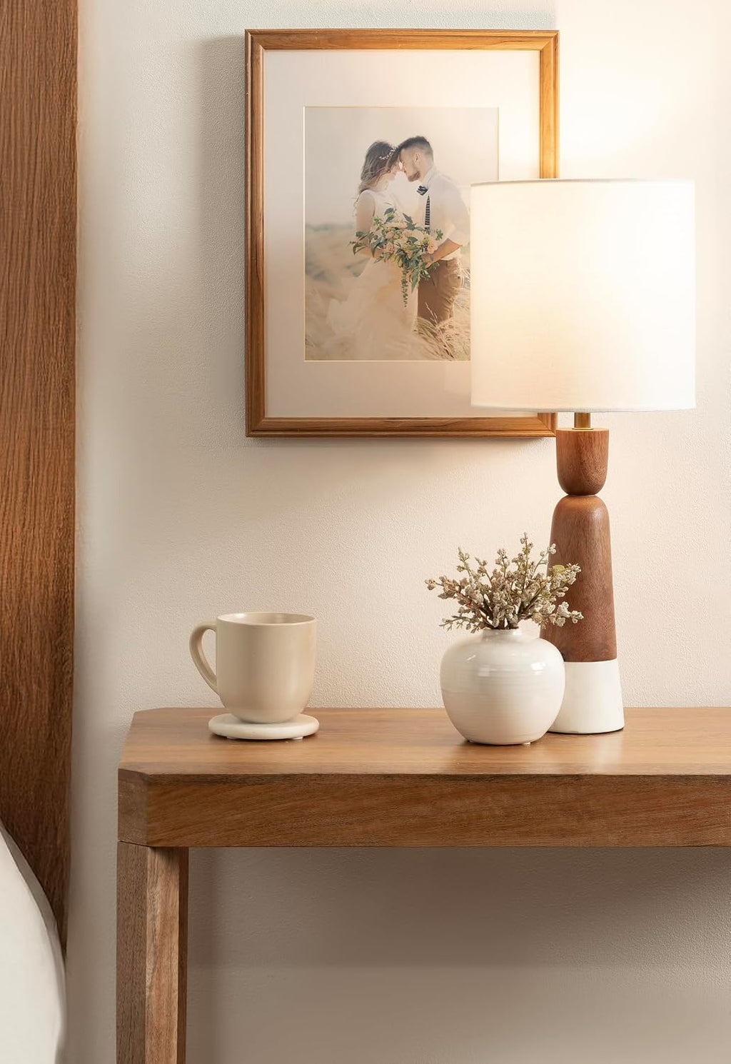 Kate and Laurel Deori Modern Mango Wood and Marble Bedside Table Lamp, 8 x 8 x 20, Walnut Brown and White Marble, Decorative Tapered Hourglass Tabletop Desk Lamp with Linen Shade for Living Room Decor