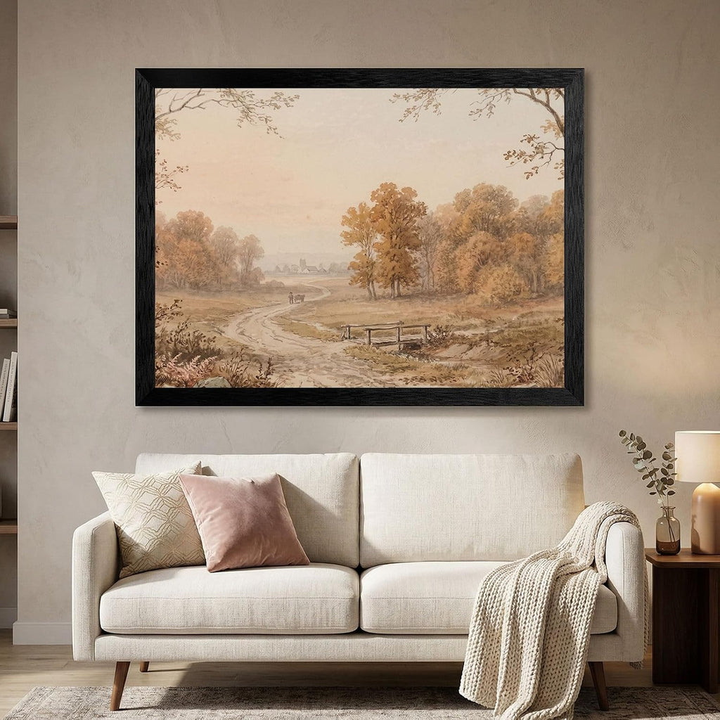 Framed Wall Art - 19th-Century Pastoral Landscape Watercolor Print in Black Frame - Autumn Forest and Nature Scene Decor for Living Room and Office - 24x36 Inch