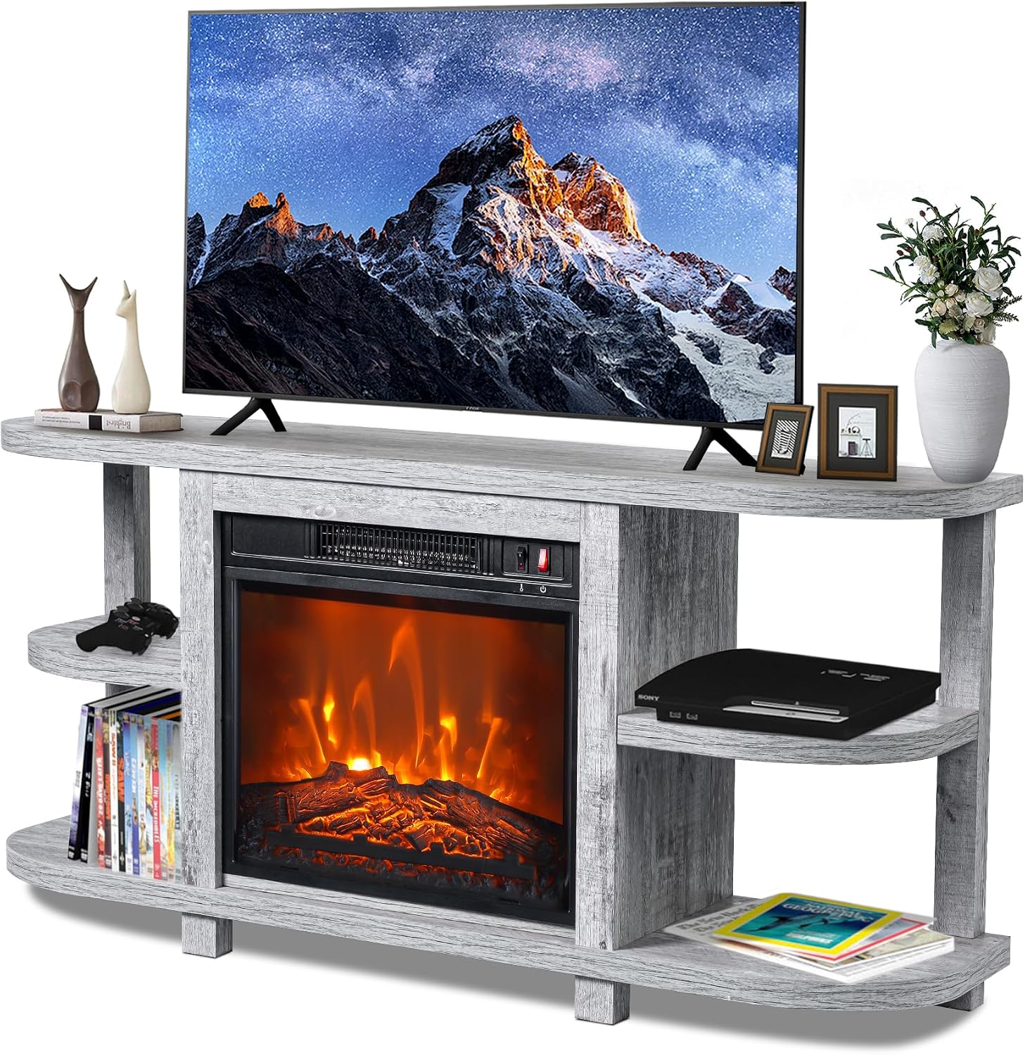 48' Fireplace TV Stand for TVs up to 55', Farmhouse Entertainment Center with 18' Electric Fireplace Insert, 1400W Wood Media Console Table with Open Storage Shelves for Living Room, Bedroom (Gray)