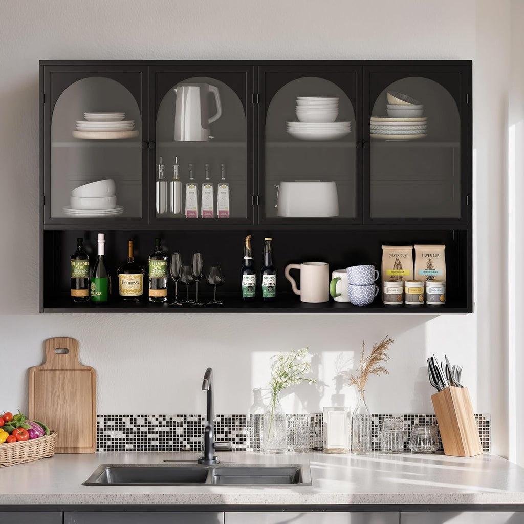 Retro Style Tempering Glass Door Wall Cabinet with Detachable Shelves and Open Shelves，for Office Dining Room,Living Room, Kitchen and Bathroom.Black