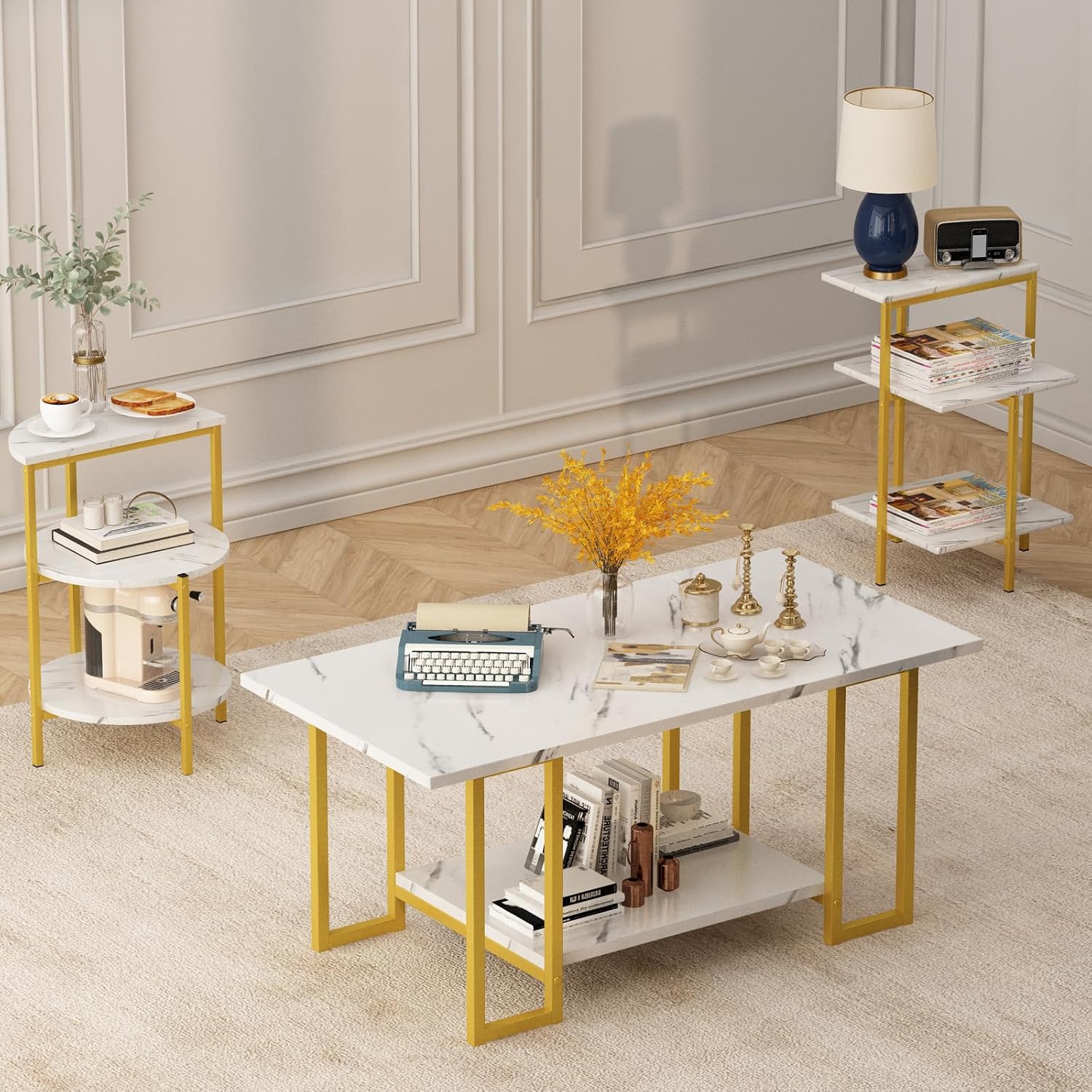 Lamerge Coffee Table Set of 3,Rectangle Coffee Table&2 Accent Table,Faux Marble Tabletop,3 Piece Living Room Table Sets with Multi Tier Storage, for Small Space, Apartment,White & Gold (LCTS-wg)