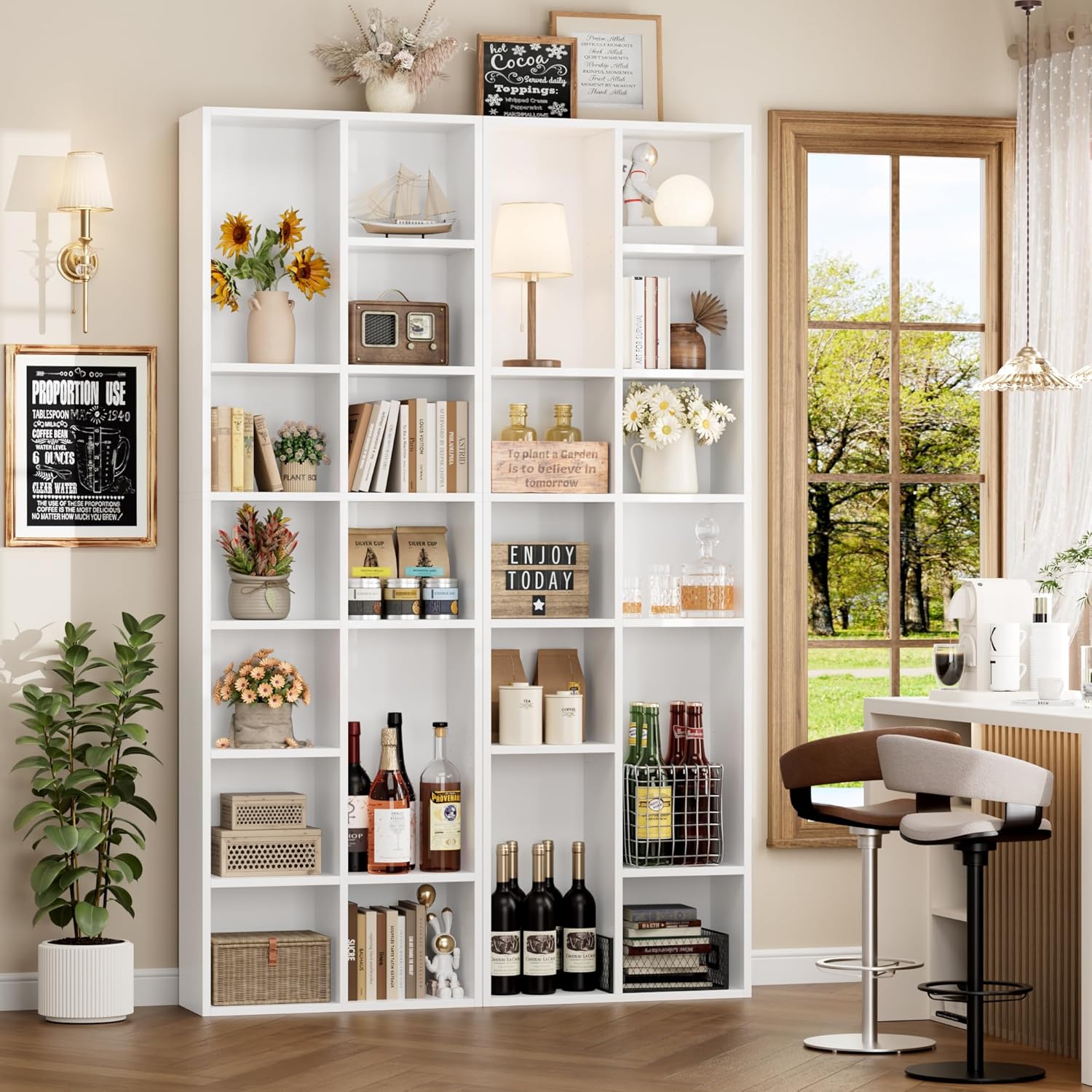 FOTOSOK 71'' Tall Bookshelf Set of 2, 7 Tier Large White Bookshelf with Adjustable Shelves, Wide Bookcases and Bookshelf, DVD/CD Media Tower Storage, Cube Book Shelf Display Shelf Cabinet, White