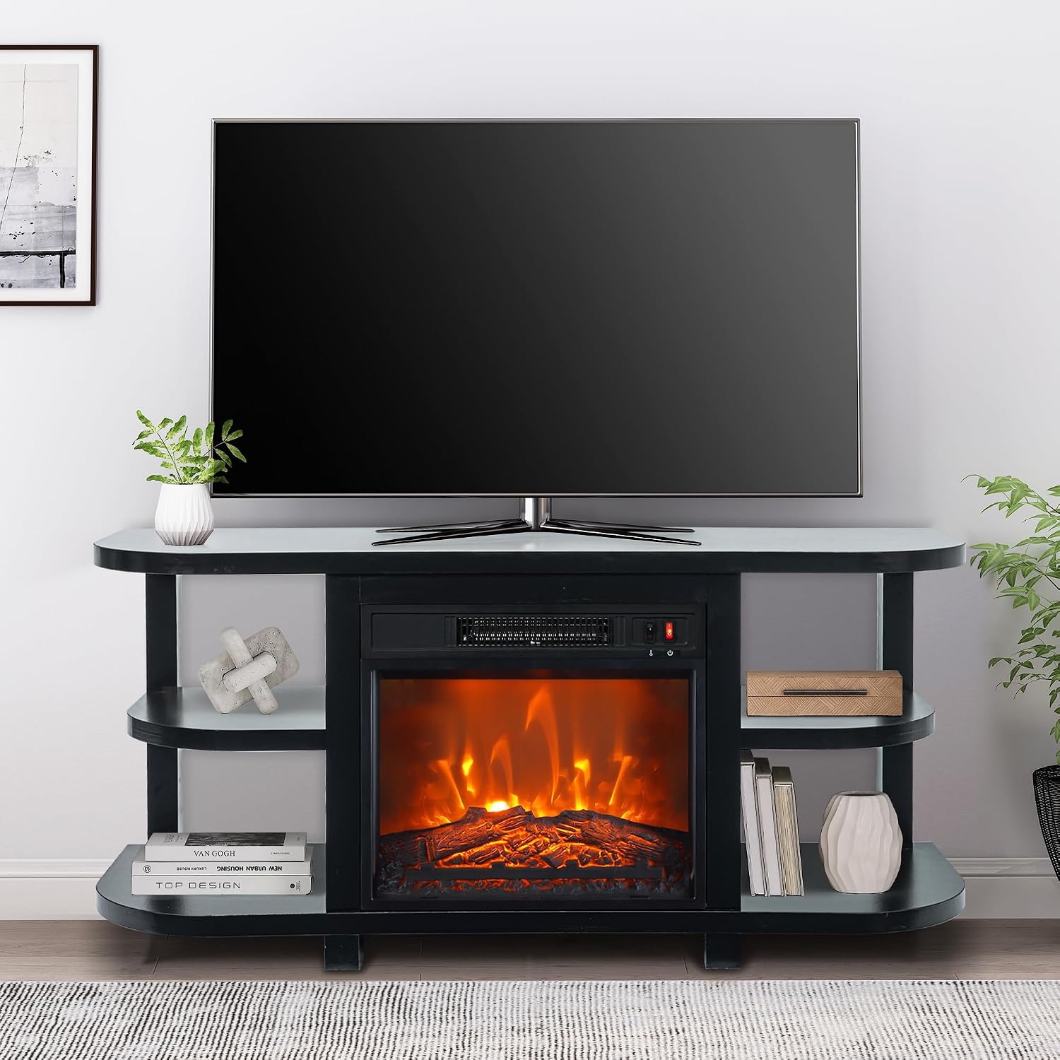 48' Fireplace TV Stand for TVs up to 55', Farmhouse Entertainment Center with 18' Electric Fireplace Insert, 1400W Wood Media Console Table with Open Storage Shelves for Living Room, Bedroom (Black)