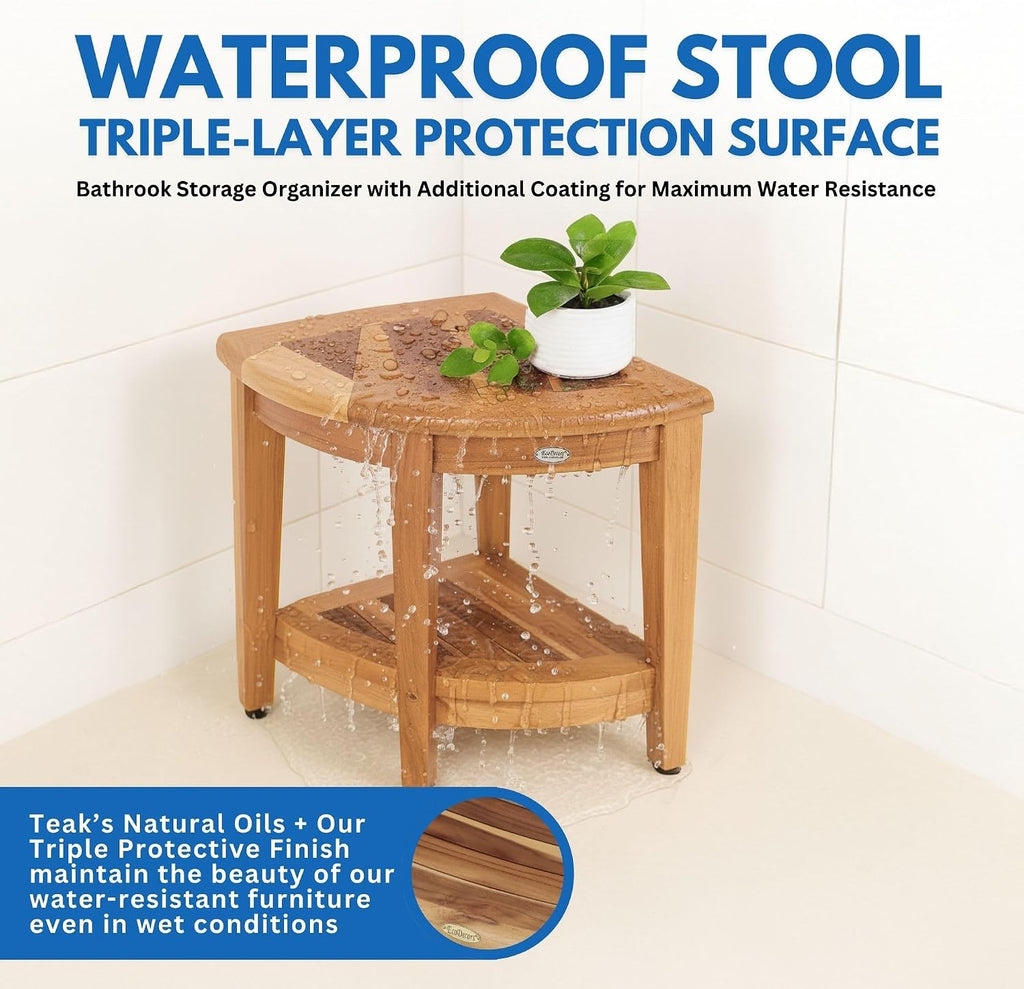 EcoDecors Corner Teak Shower Bench with Shelf – 16' x 18' Height- Teak Shower Stool with Shelf, Waterproof, 350lb Capacity Non-Slip | for Inside Shower | Tool-Free Assembly | Aging in Place