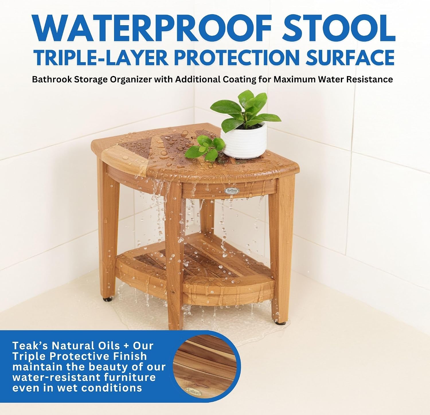 EcoDecors Corner Teak Shower Bench with Shelf – 16' x 18' Height- Teak Shower Stool with Shelf, Waterproof, 350lb Capacity Non-Slip | for Inside Shower | Tool-Free Assembly | Aging in Place