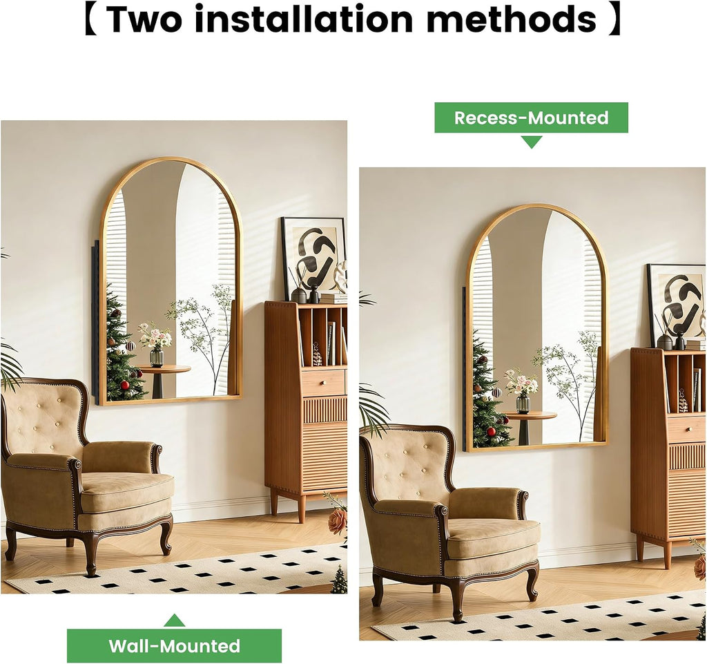 SogesPower 36'x24' Metal Medicine Cabinet with Mirror for Bathroom,Arched Recessed Medicine Cabinet with 2 Shelves, Wall-Mounted Bathroom Mirror with Storage,Gold