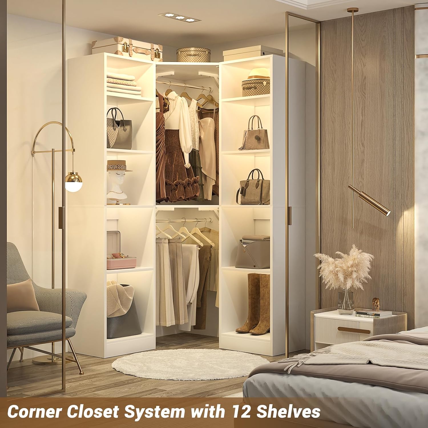 Besiost Corner Closet System with 12 Shelves, 39.2' Corner Closet Organizer System with 2 Hanging Rods, Versatile 6-Tier Walk-in Closets for Corner Space, White (39.2' L x 39.2' W x 80' H)