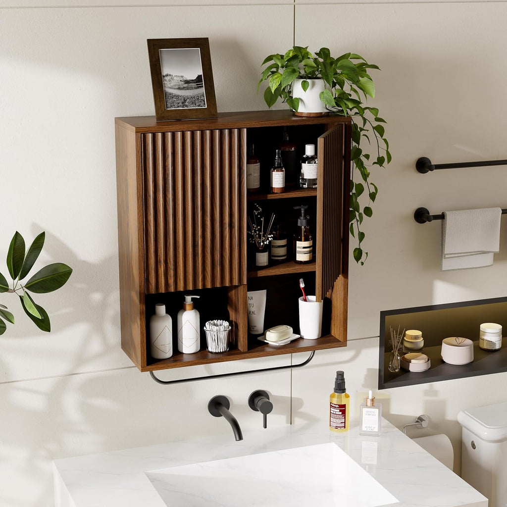Fluted Wall Cabinets with Doors and Shelves Set of 2, Modern Medicine Cabinet Bathroom Adjustable Shelf Towel Rack Wood Storage Cabinet for Kitchen Dining Room Living Room, Brown