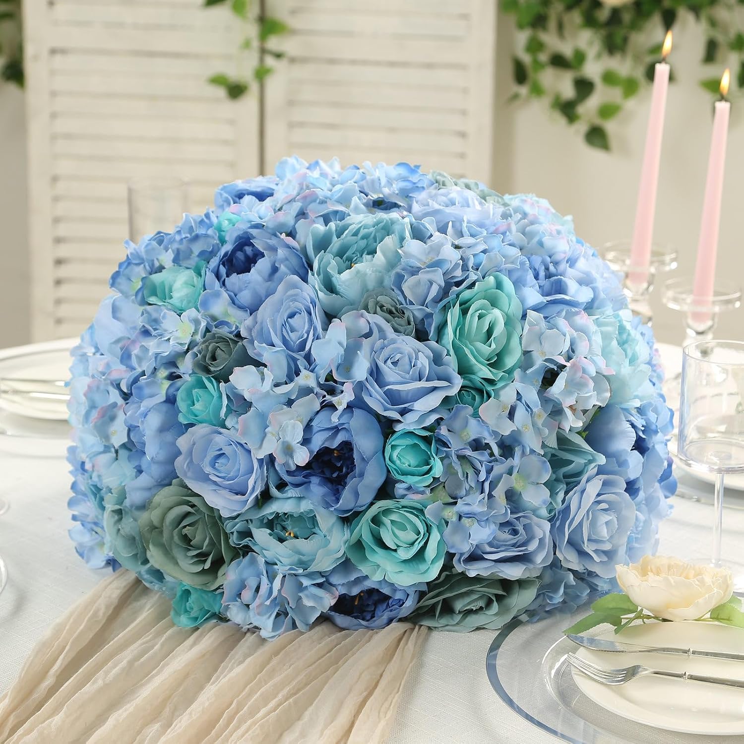 Efavormart 20 inch Blue Pre-Arranged Artificial Rose Flower Ball, Large High-Density Silk Rose Centerpiece Arrangement for Wedding Staging and Floor Vases