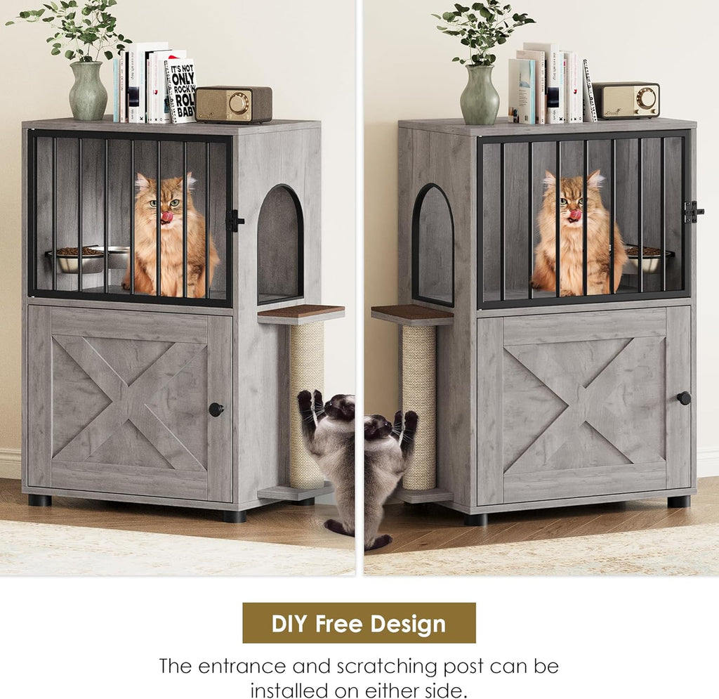 Cat Feeding Station, Dog Proof Cat Feeding Station with Scratching Post, Elevated Food Bowls with Stand, Cats Tree with Food Storage for Small Spaces, Pet House Furniture (Gray)