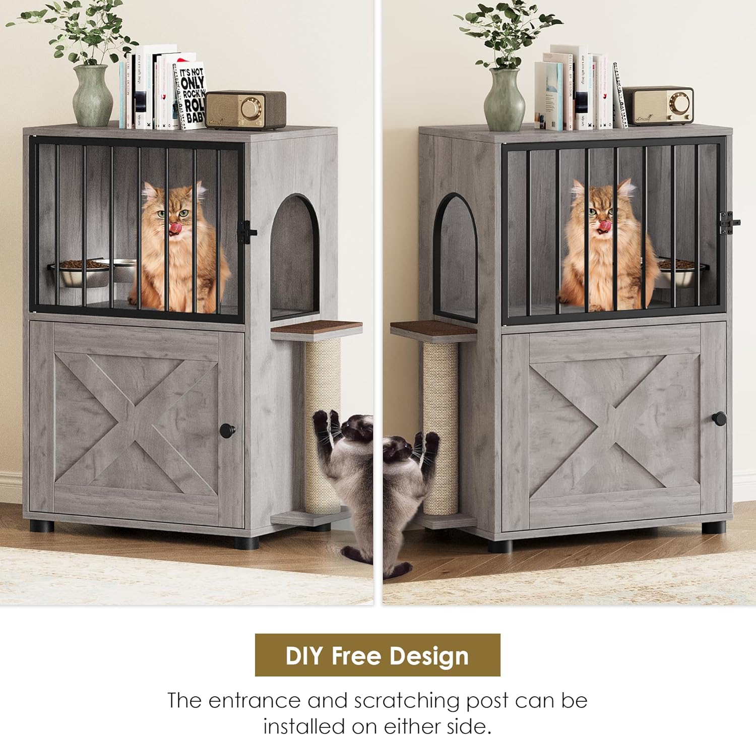 Cat Feeding Station, Dog Proof Cat Feeding Station with Scratching Post, Elevated Food Bowls with Stand, Cats Tree with Food Storage for Small Spaces, Pet House Furniture (Gray)