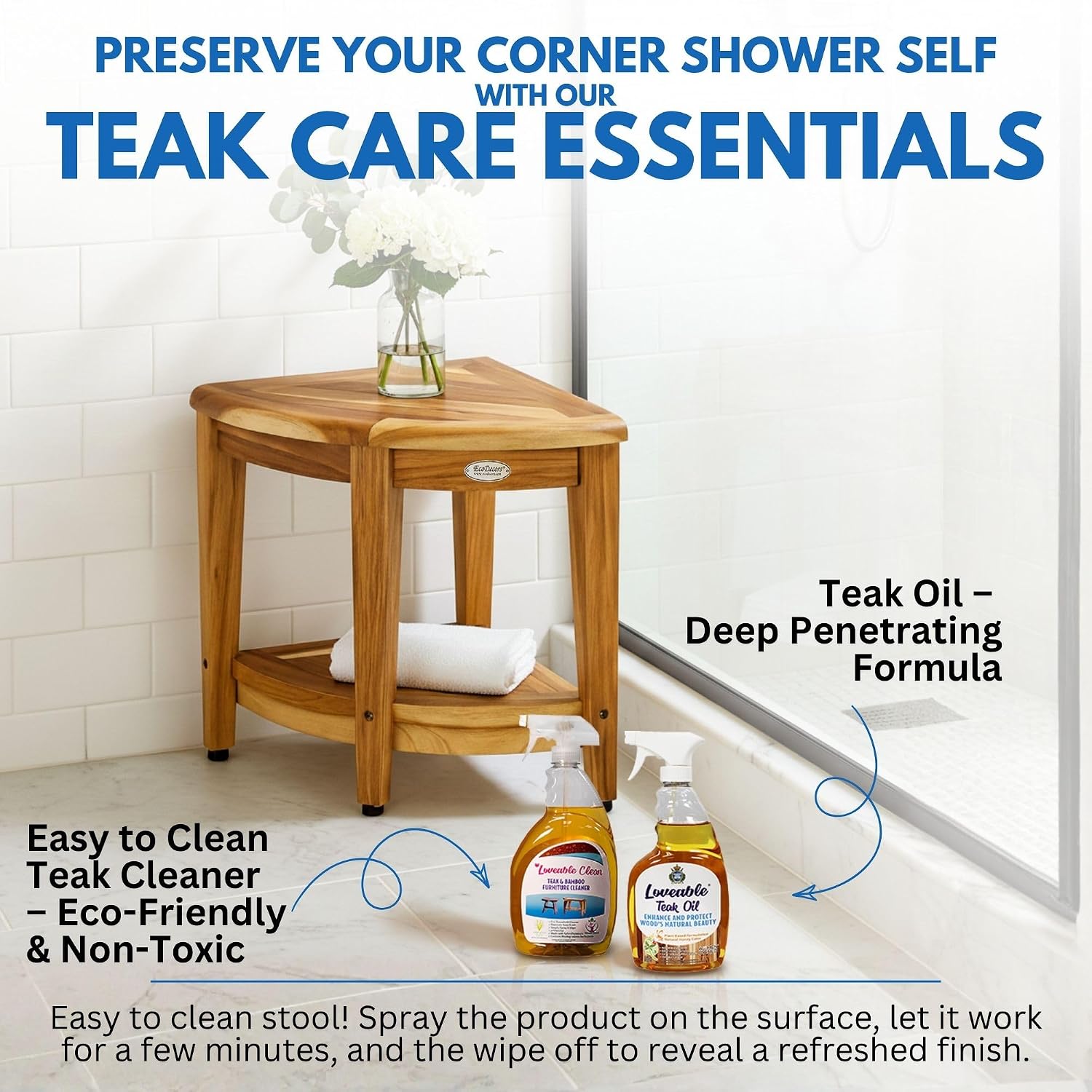 EcoDecors Corner Teak Shower Bench with Shelf – 16' x 18' Height- Teak Shower Stool with Shelf, Waterproof, 350lb Capacity Non-Slip | for Inside Shower | Tool-Free Assembly | Aging in Place