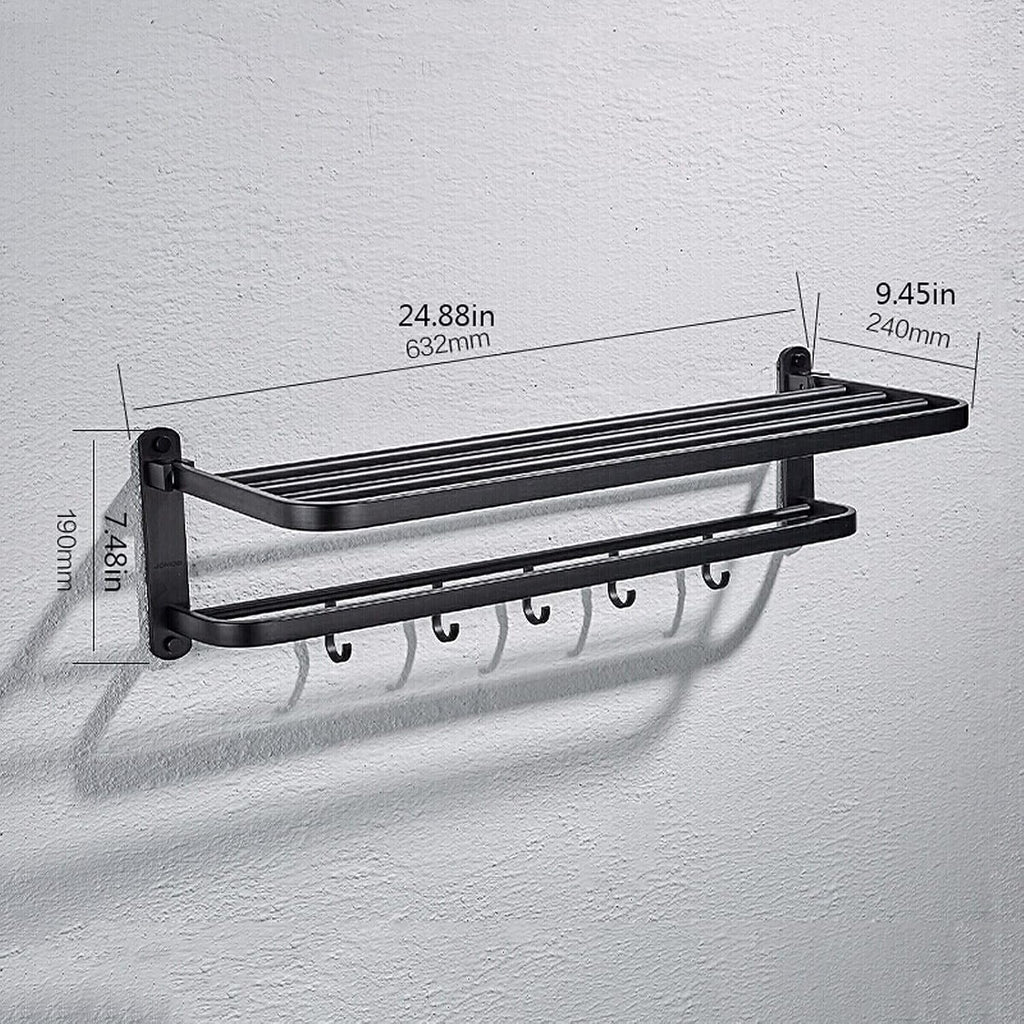 Bathroom Shelf Wall Floating Bathroom Bathroom Double Towel Rack Towel Shelf with Two Towel Bars and Hooks Design 24.9 Inch Wall-Mounted Bath Towel Racks Aluminum Floating Shelves Corner Shower Caddy