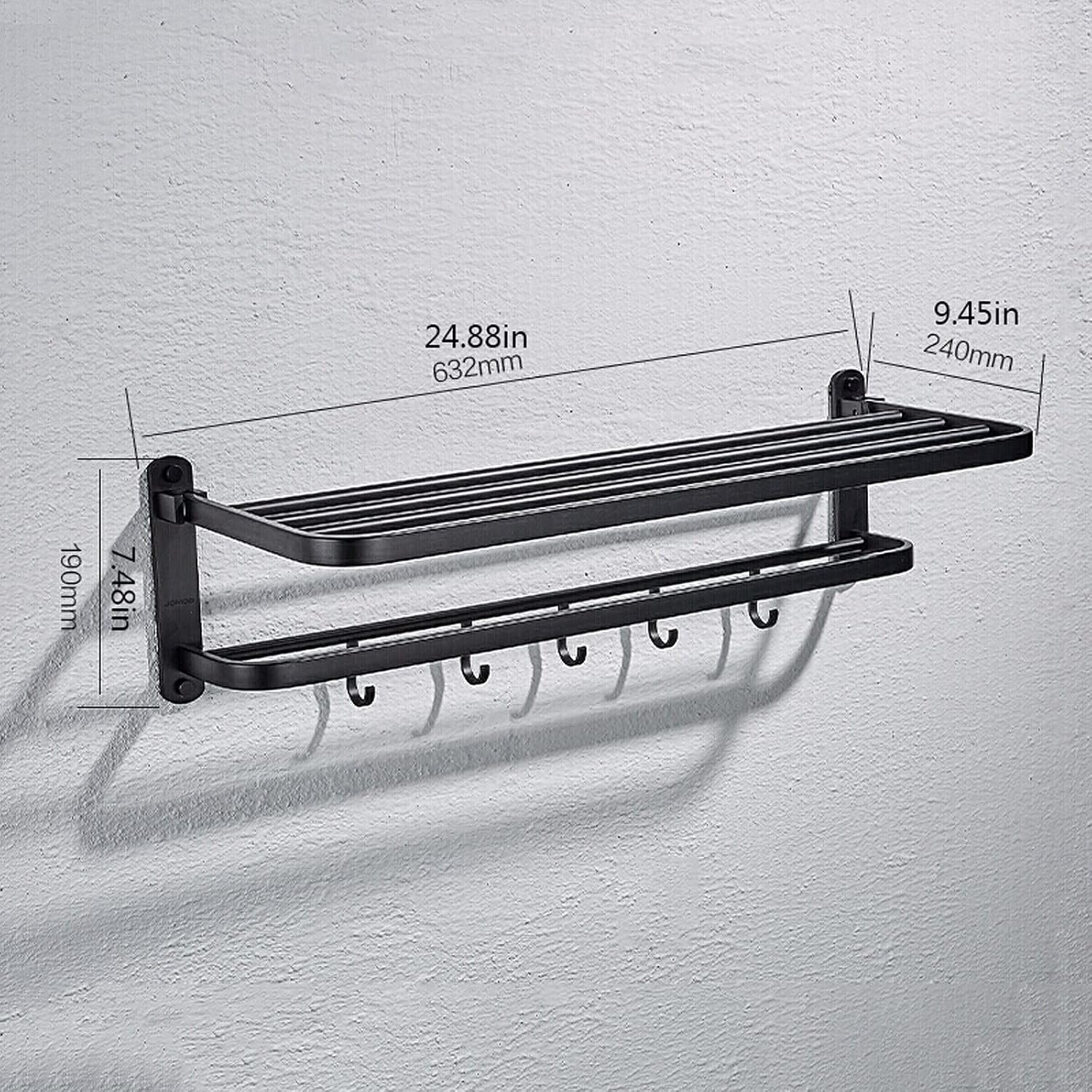 Bathroom Shelf Wall Floating Bathroom Bathroom Double Towel Rack Towel Shelf with Two Towel Bars and Hooks Design 24.9 Inch Wall-Mounted Bath Towel Racks Aluminum Floating Shelves Corner Shower Caddy