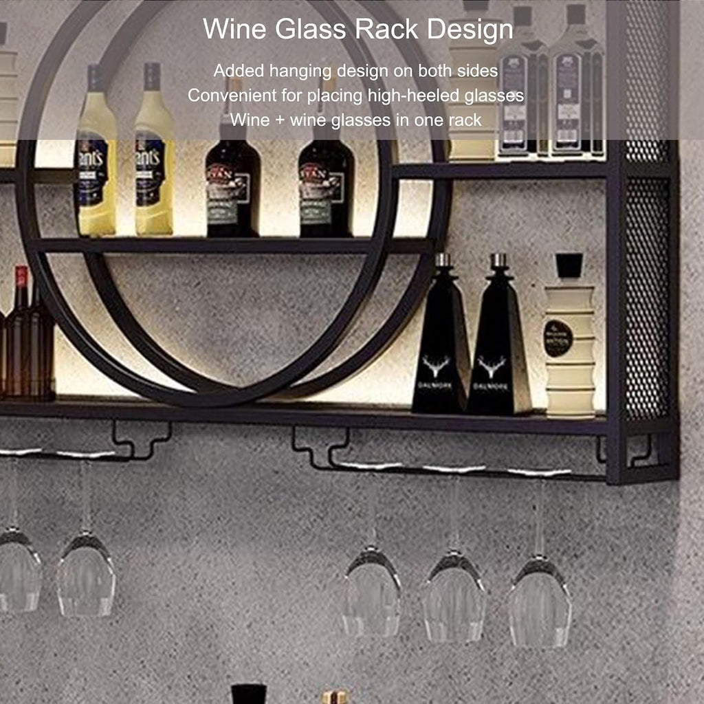 Wall Wine Rack with LED Light Bar Shelves Liquor Bottle Display Shelf Wall Mounted with Hanging Wine Glass Holder Rack Floating Bar Cabinet for Home Bar Dining Room Cafe Kitchen