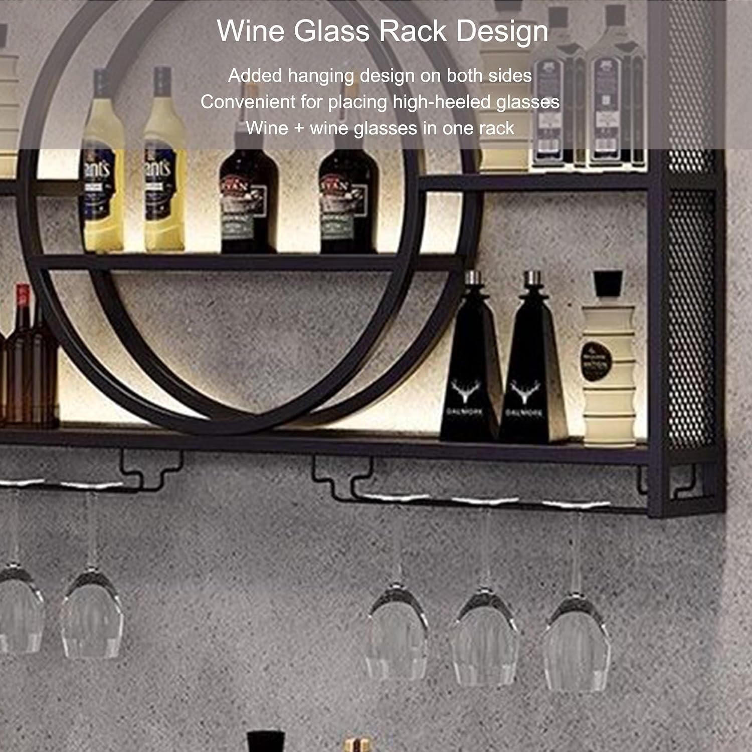 Wall Wine Rack with LED Light Bar Shelves Liquor Bottle Display Shelf Wall Mounted with Hanging Wine Glass Holder Rack Floating Bar Cabinet for Home Bar Dining Room Cafe Kitchen