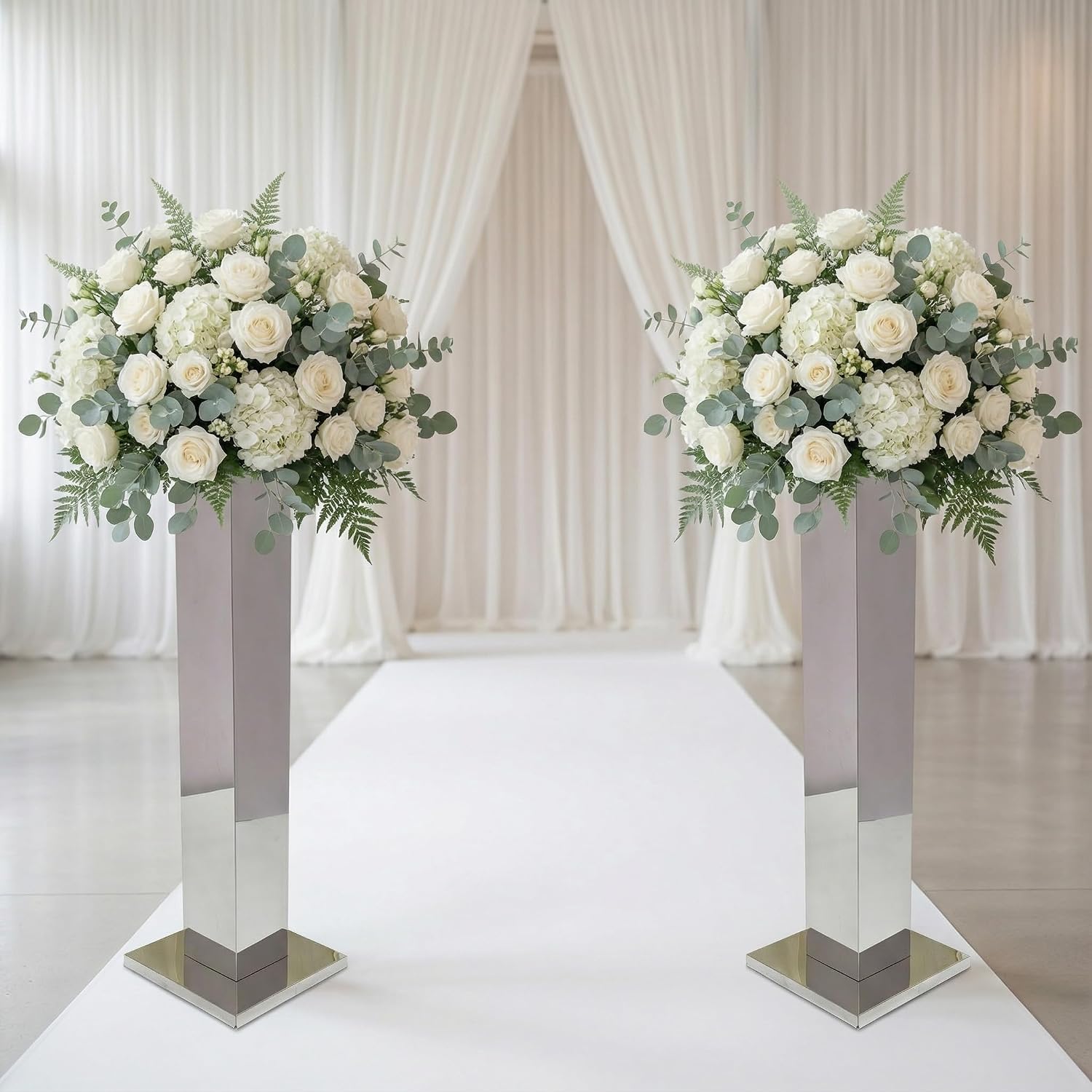 2PCS Tall Silver Vases for Centerpieces,31.5inch Stainless Steel Column Geometric Centerpieces Wedding Flower Stand Flower Floor Vase for Tables Wedding Anniversary