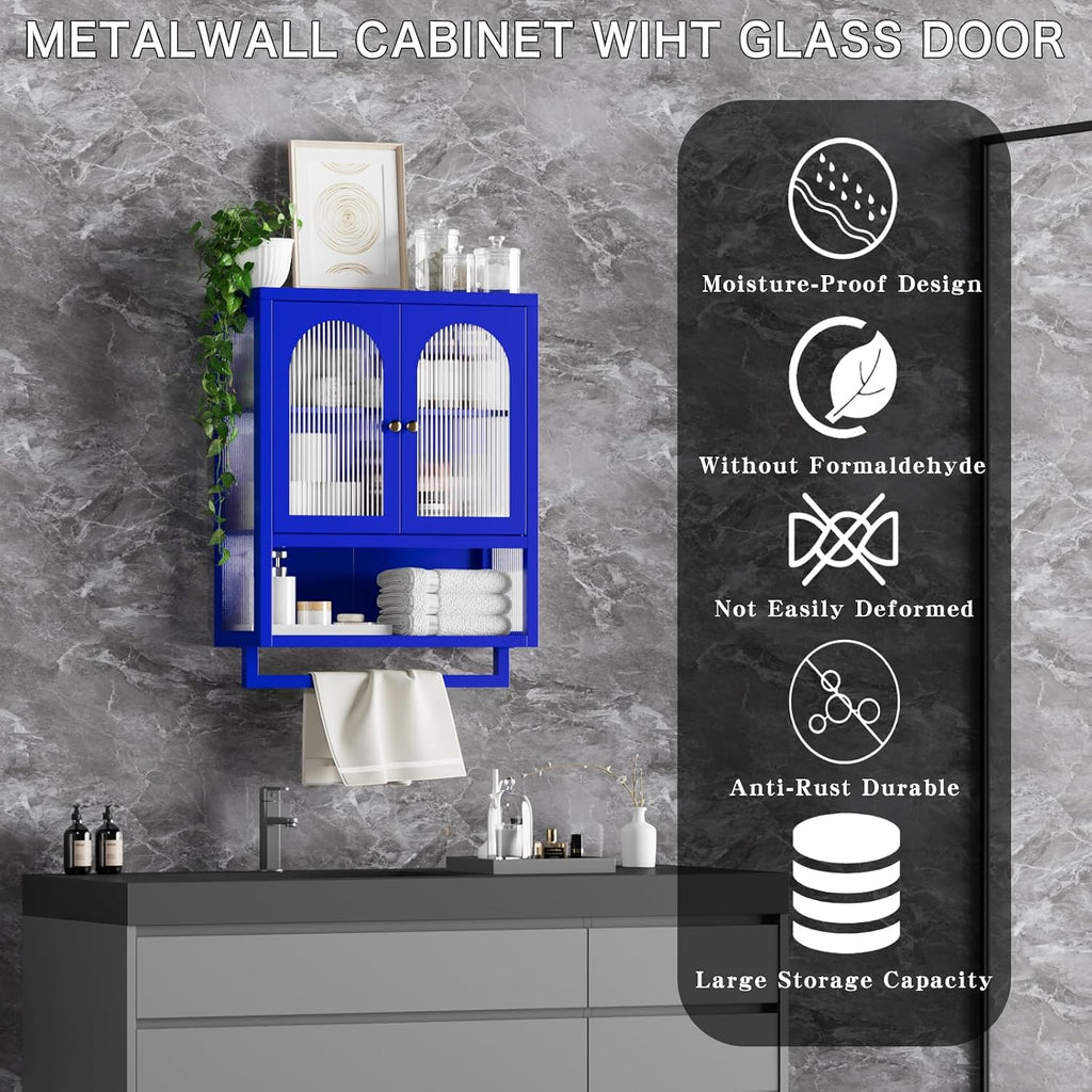 Modern Metal Wall Mount Bathroom Medicine Cabinet Above Toilet Storage with Fluted Glass Doors Towel Bar & Adjustable Shelves for Bathroom, Kitchen, Laundry Room, Dining Room, Blue