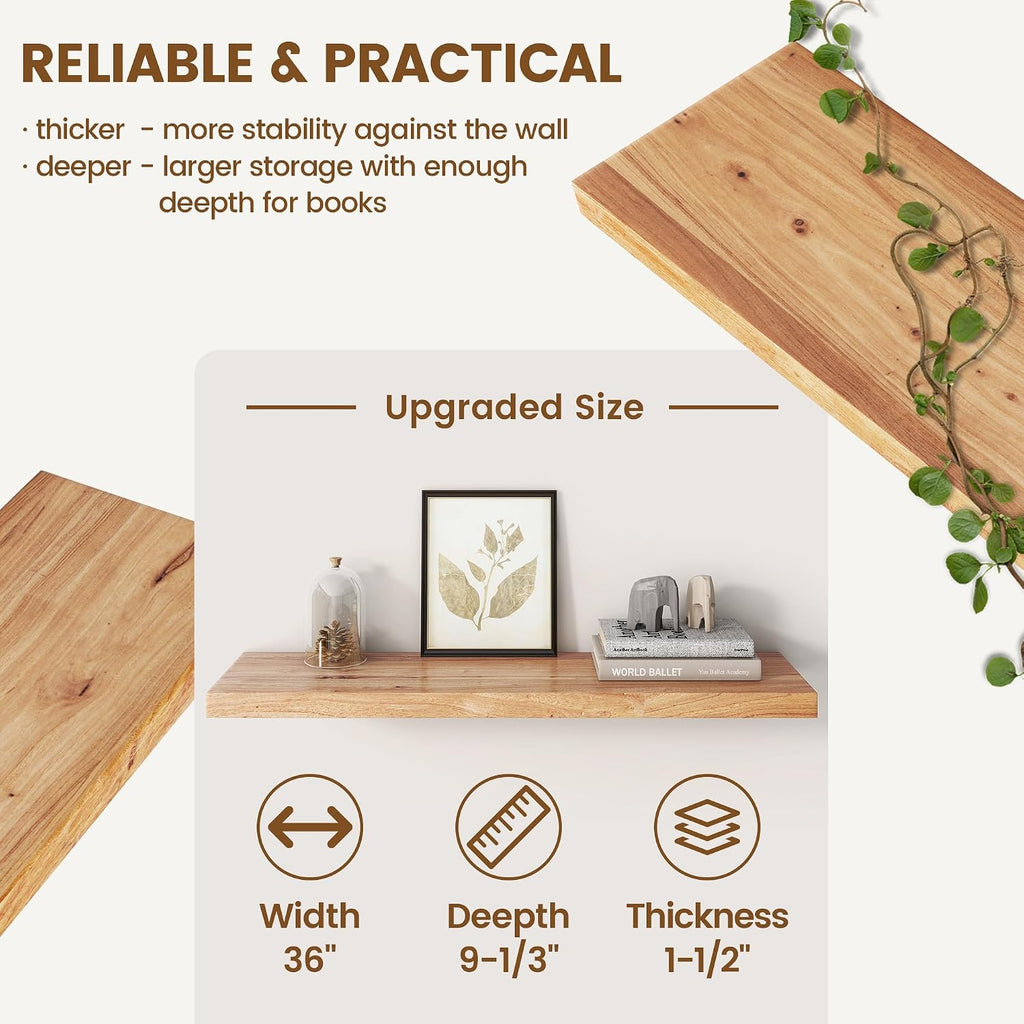 36'x9.2' Elm Floating Shelves for Wall, Flat Edge, Natural, 2-Pack | 1.4' Thick Reclaimed Wood Shelves with Invisible Bracket for Living Room, Bedroom, Kitchen & Bathroom Storage