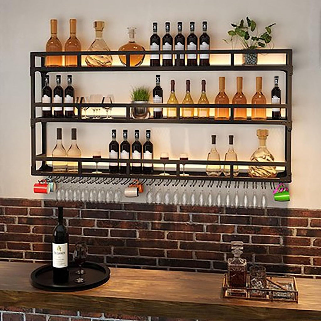 Metal Wall Wine Rack Bar Shelves Liquor Shelf Wall Mounted with LED Light Hanging Wine Glass Holder Rack for Liquor Bottles Floating Bar Cabinet Liquor Bottle Display Shelf for Home Bar Kitchen(Black,