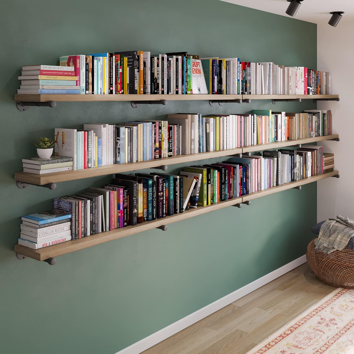 Wallniture Pipe 72' Long Rustic Floating Wall Shelf, Book Shelf for Wall, Industrial Pipe Shelving for Bedroom, Office and Living Room Decor, Burnt Finish, Real Wood