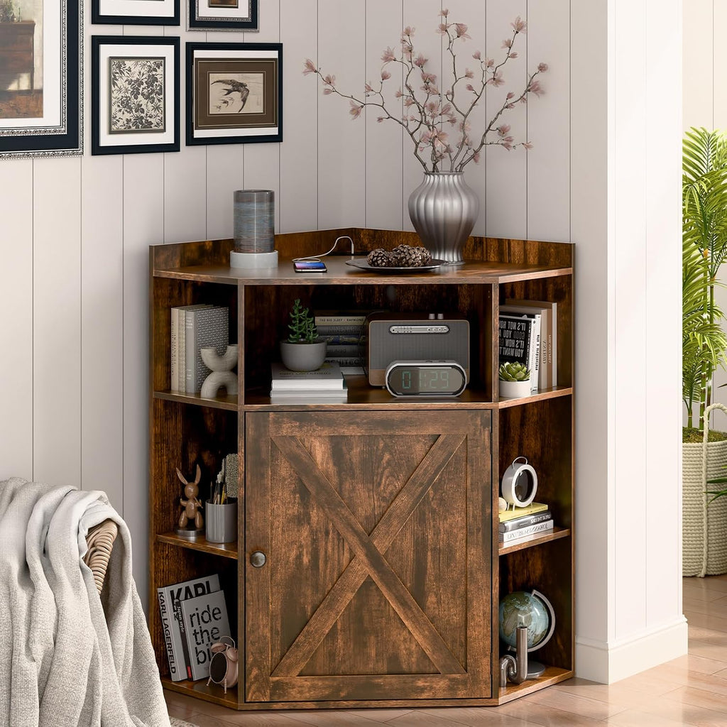 Halitaa Corner Storage Cabinet, Farmhouse Corner Bookshelf with Storage 6-Cubby Wooden Cabinet with USB Ports and Outlets Industrial Organizer for Small Space, Study, Playroom, Living Room