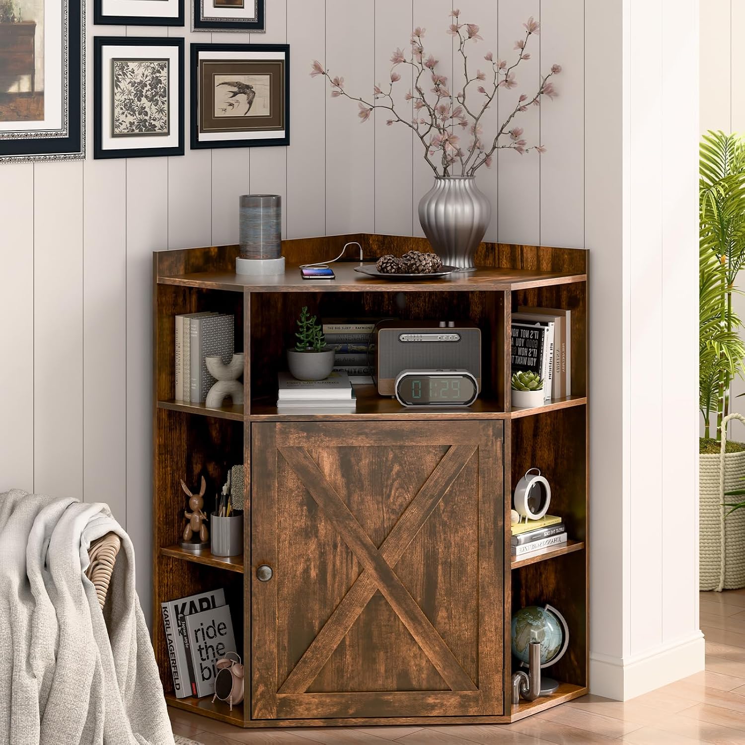 Halitaa Corner Storage Cabinet, Farmhouse Corner Bookshelf with Storage 6-Cubby Wooden Cabinet with USB Ports and Outlets Industrial Organizer for Small Space, Study, Playroom, Living Room