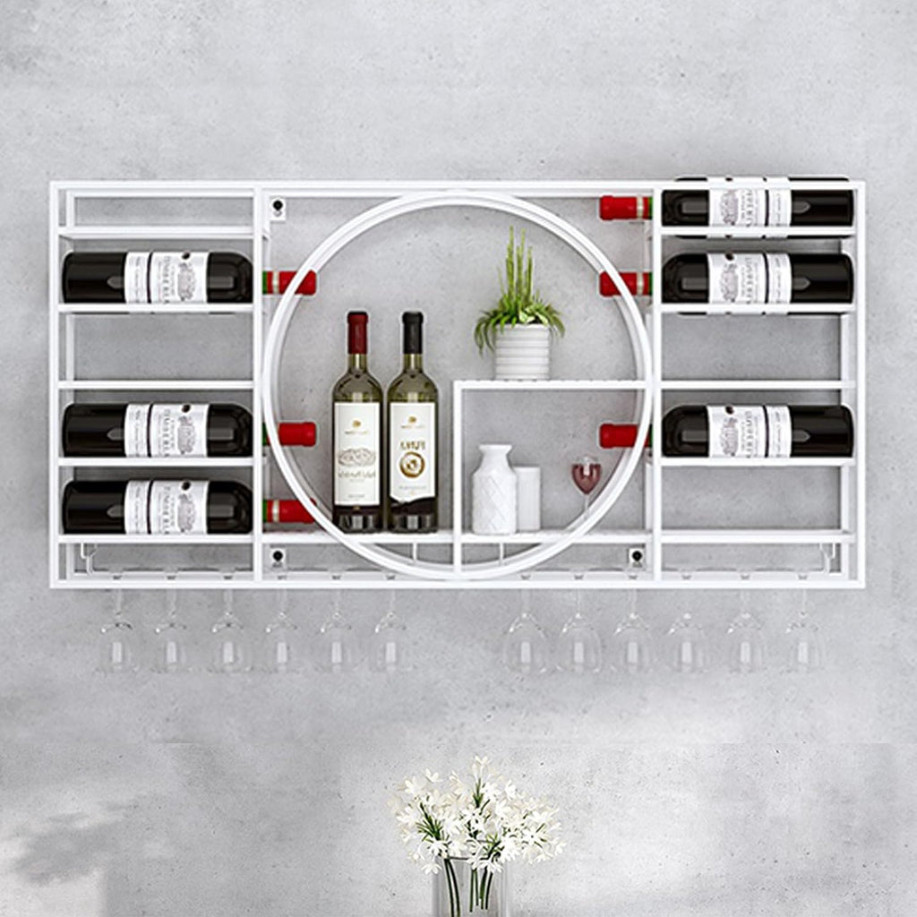 White Wall Mounted Wine Rack with Glass Storage Modern Liquor Shelf for Bottles Corner Coffee Bar Cabinet 90cm Length × 11cm Width × 42cm Height