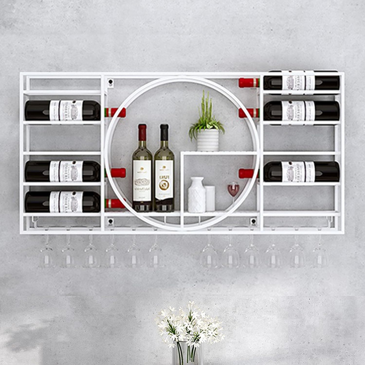 White Wall Mounted Wine Rack with Glass Storage Modern Liquor Shelf for Bottles and Glasses Mini Bar Shelves for Corner Coffee Bar Cabinet 120x11x72cm